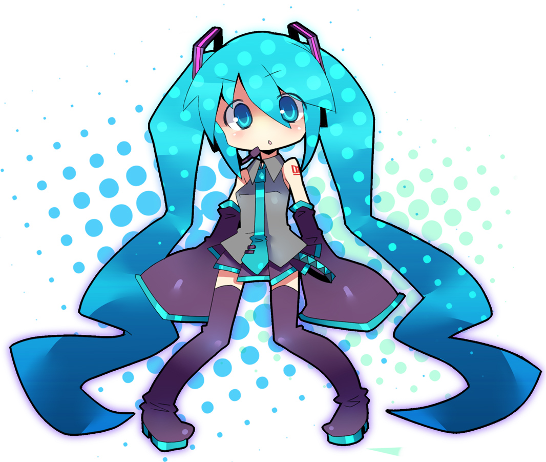 po(kari), poshan, hatsune miku, vocaloid, 1girl, aqua eyes, aqua hair, detached sleeves, female focus, halftone, halftone background, headset, long hair, necktie, skirt, solo, thighhighs, twintails, very long hair