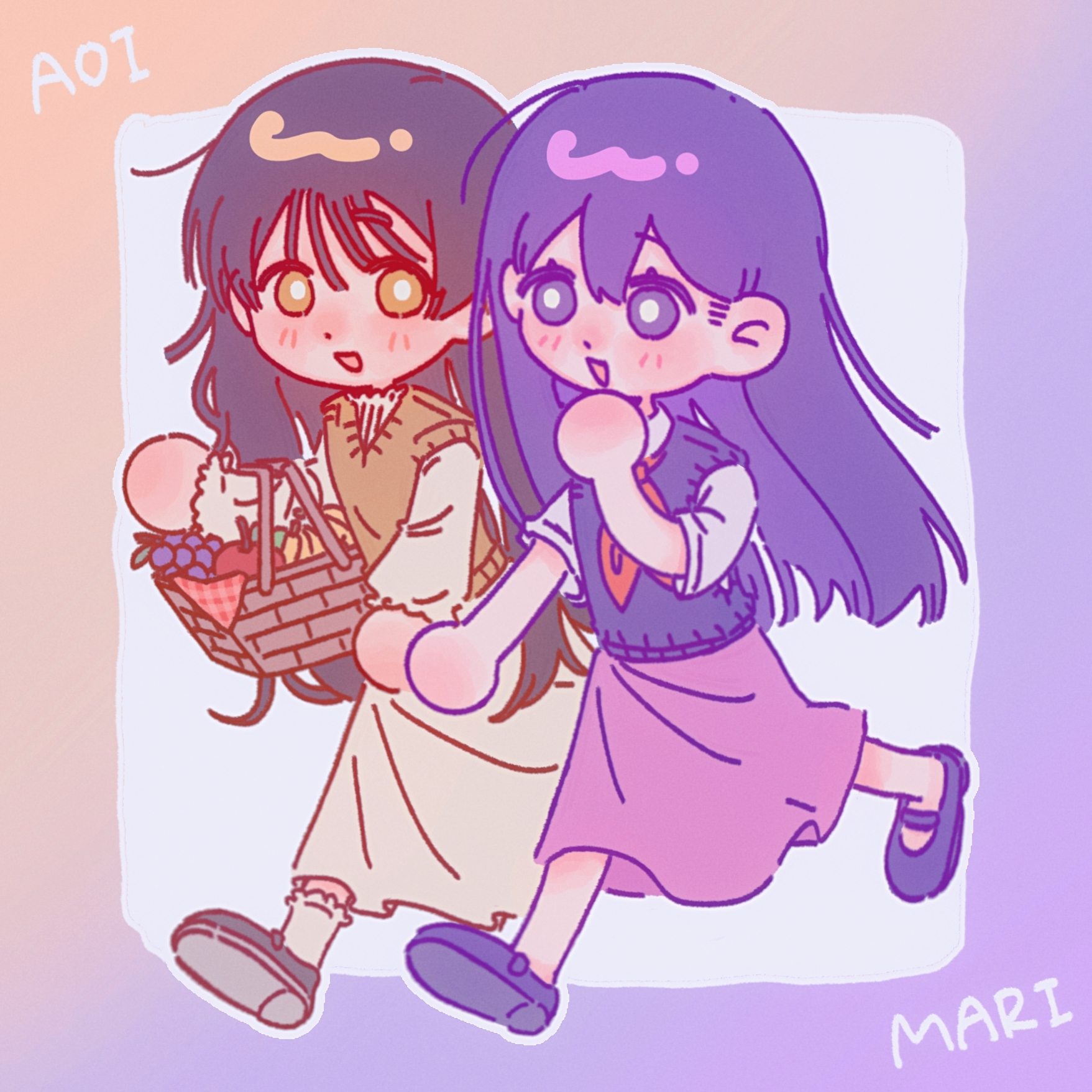 mari (headspace) (omori), mari (omori), omori, saihate eki, commentary, highres, symbol-only commentary, 2girls, :d, apple, banana, blush, bright pupils, brown hair, circle hands, crossover, food, fruit, grapes, holding hands, holding picnic basket, long hair, long sleeves, looking at another, mary janes, multiple girls, naiyedejianjiaojinhua, open mouth, picnic basket, pink skirt, purple eyes, purple hair, purple sweater vest, shoes, short sleeves, skirt, smile, sweater vest, tenjiku aoi, walking, white pupils, white skirt, yellow eyes, yellow sweater vest