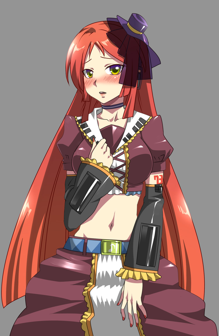 caffein, namine ritsu, utau, vocaloid, 1boy, 1girl, blush, detached sleeves, female focus, girly boy, gothic lolita, green eyes, hat, headphones, lolita fashion, long hair, male focus, midriff, navel, red hair, skirt, solo, trap, veil, very long hair