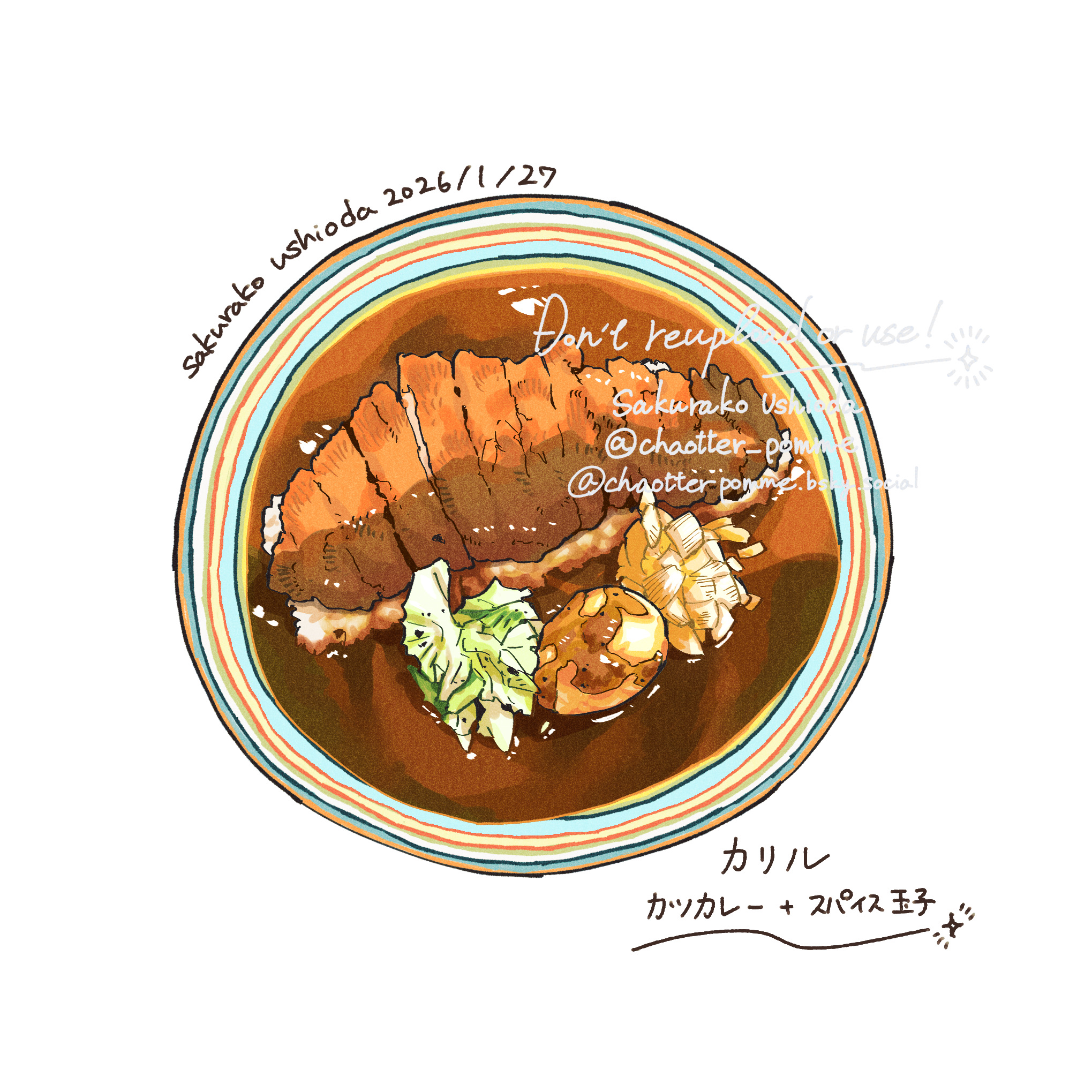 soramaru ell, original, commentary request, highres, translation request, artist name, curry, cutlet, dated, diamond (shape), english text, food, food focus, katsu (food), katsu curry, no humans, plate, pork, rice, shredded cabbage, signature, simple background, sparkle, still life, watermark