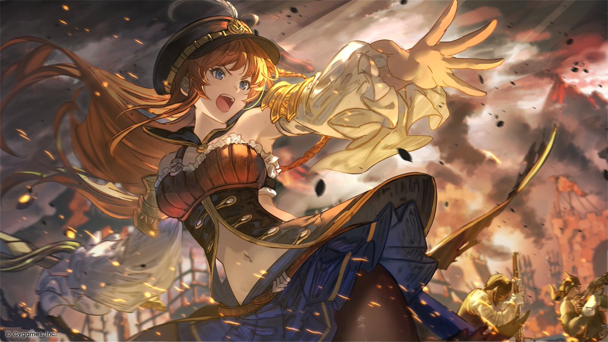 lecia (granblue fantasy), granblue fantasy, commentary request, official art, 1girl, 2boys, bare shoulders, blue eyes, braid, brown hair, detached sleeves, draph, fire, foreshortening, gun, hat, long hair, multiple boys, navel, open mouth, outstretched arm, peaked cap, single braid, skirt, solo, sword, weapon