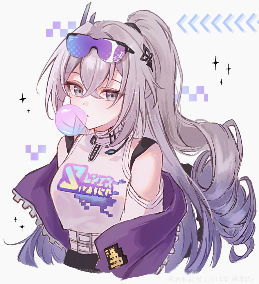 funafu, silver wolf (elation) (honkai: star rail), silver wolf (honkai: star rail), honkai: star rail, honkai (series), commentary request, 1girl, bare shoulders, blowing bubble gum, blue-tinted eyewear, chewing gum, clothing cutout, coat, drill hair, drill ponytail, goggles, goggles on head, gradient-tinted eyewear, grey eyes, grey hair, high ponytail, long hair, looking at viewer, off shoulder, ponytail, purple-tinted eyewear, purple coat, shirt, shoulder cutout, solo, tinted eyewear, upper body, white shirt