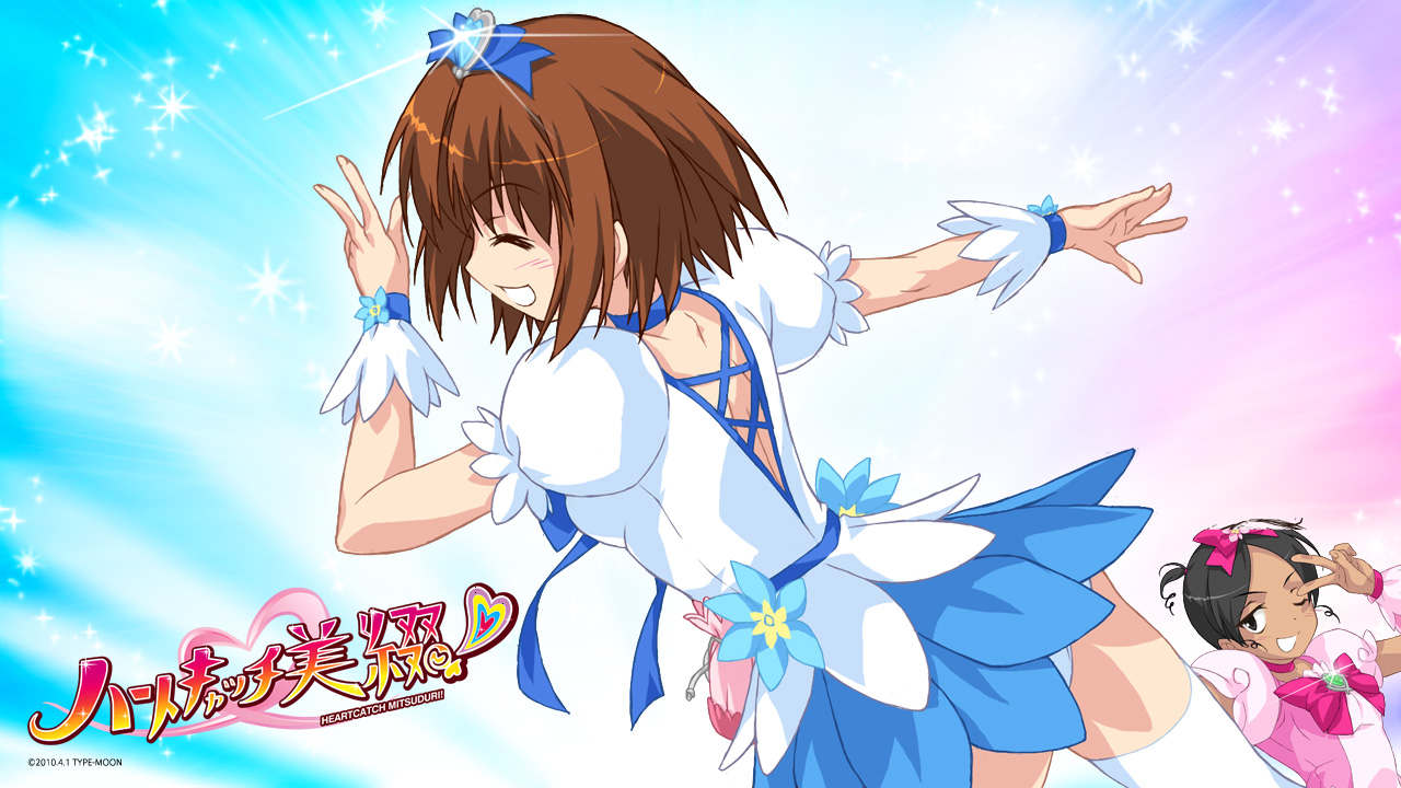 cure blossom, cure marine, makidera kaede, mitsuzuri ayako, fate/stay night, fate (series), heartcatch precure!, precure, type-moon, jpeg artifacts, 2girls, april fools, cosplay, cure blossom (cosplay), cure marine (cosplay), magical girl, multiple girls, parody, ribbon