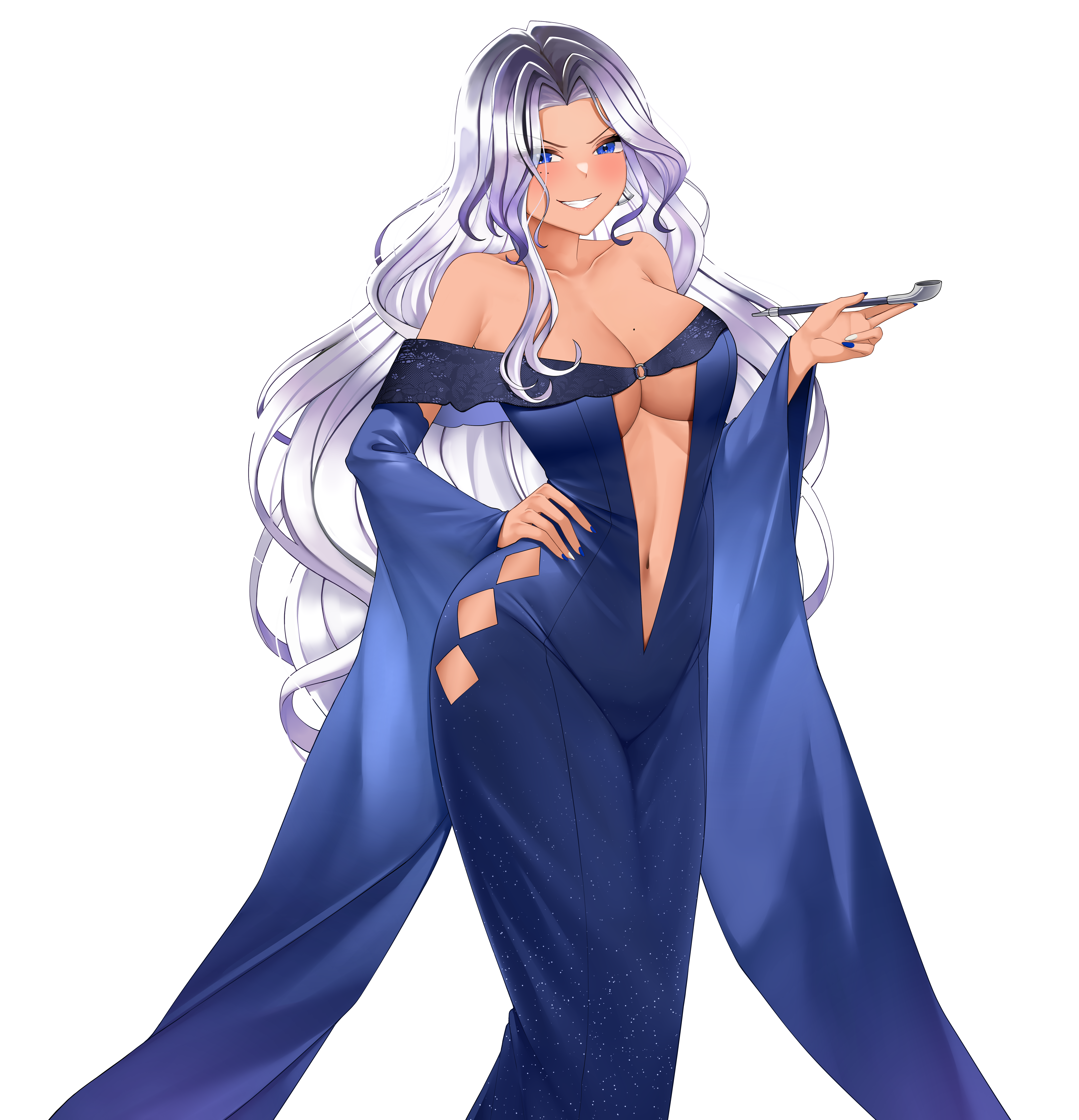 landacdeus, scarle yonaguni, nijisanji, nijisanji en, absurdres, highres, second-party source, 1girl, black hair, blue dress, blue eyes, blue nails, breasts, clothing cutout, collarbone, cosplay, dress, evil smile, gradient hair, grey hair, hand on own hip, hip vent, holding, holding smoking pipe, linea alba, long hair, mole, mole on breast, mole under eye, multicolored hair, multicolored nails, multiple moles, navel, plunging neckline, smile, smoking pipe, solo, tan, teeth, transparent background, two-tone nails, upper teeth only, virtual youtuber, white nails, wide sleeves