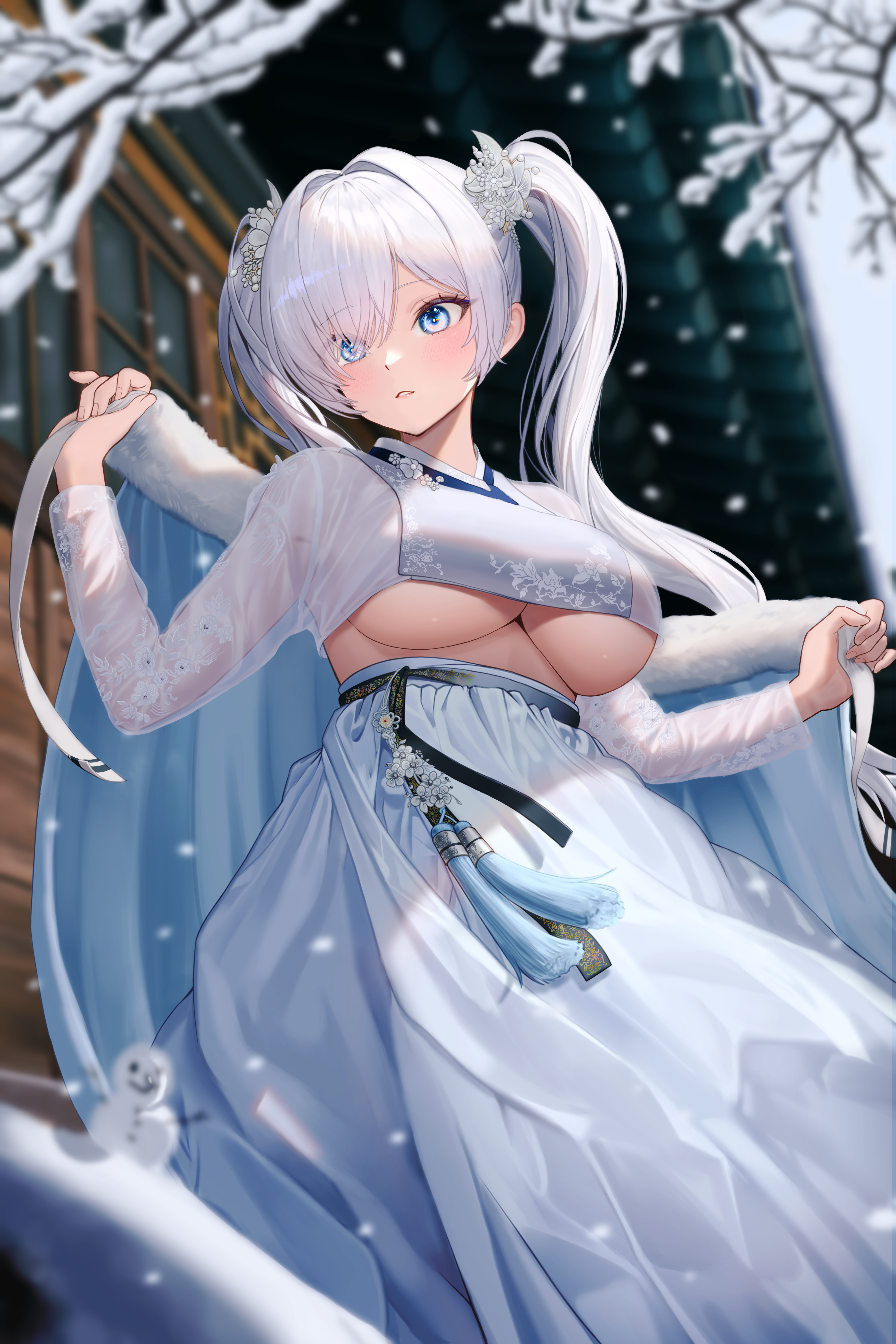 cinderella (nikke), goddess of victory: nikke, absurdres, commentary, highres, 1girl, alternate costume, bare tree, blue cape, blue skirt, breasts, cape, chima (clothes), crop top, fur-trimmed cape, fur trim, hair between eyes, hair over one eye, hanbok, holding, holding unworn cape, holding unworn clothes, korean clothes, large breasts, long hair, long skirt, long sleeves, looking down, outdoors, parted lips, see-through clothes, sidelocks, skirt, snow, snowing, snowman, solo, standing, tassel, tree, twintails, underboob, unworn cape, very long hair, white hair, white hanbok, winter, won (won3355)