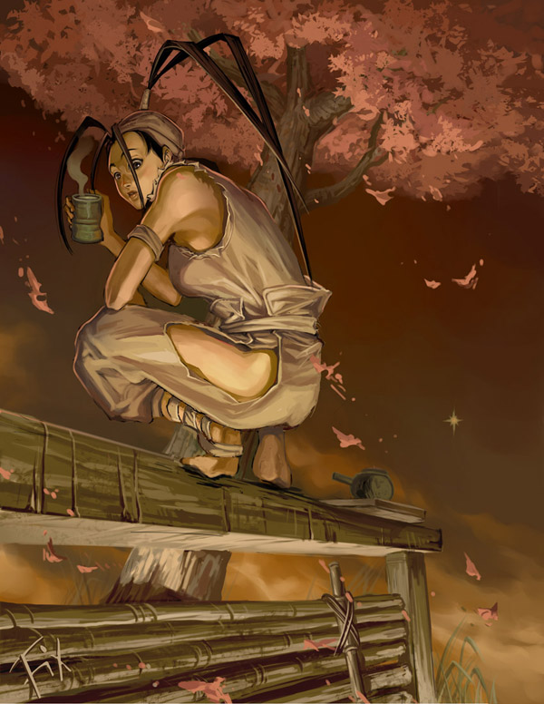 fifi xu, ibuki (street fighter), capcom, street fighter, street fighter iii (series), 1girl, autumn, bandages, barefoot, brown eyes, brown hair, clothing cutout, cup, feet, female focus, hip vent, leaf, long hair, ninja, ponytail, sarashi, soles, solo, squatting, tea, toeless legwear, tree