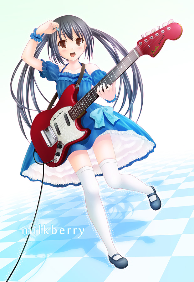 kazuboh, kisaragi miyu, nakano azusa, k-on!, 1girl, black hair, brown eyes, checkered floor, dress, electric guitar, female focus, fender (company), fender mustang, full body, guitar, instrument, legs, long hair, mustang, mustang (guitar), perspective, plectrum, solo, thighhighs, twintails