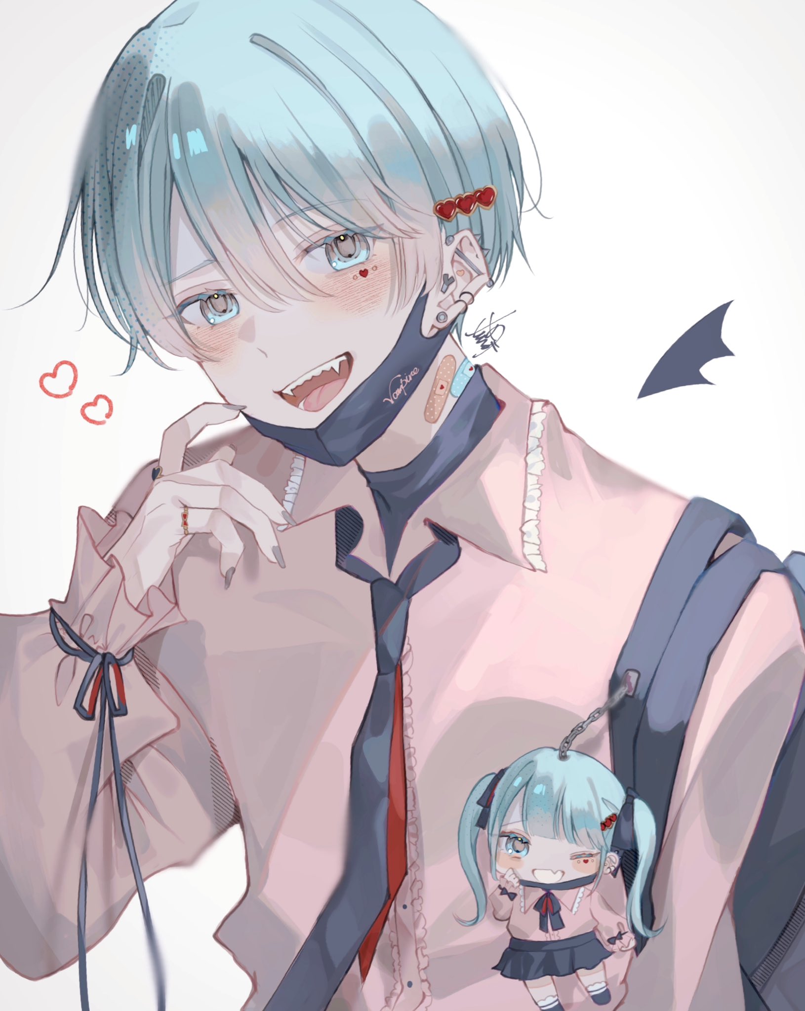 aoru uu, hatsune miku, vampire (vocaloid), vocaloid, commentary request, highres, 1boy, aqua eyes, aqua hair, bag charm, bandaid, bandaid on neck, black bag, black mask, black necktie, black ribbon, black shorts, brown nails, character doll, charm (object), collared shirt, doll, drawn wings, fangs, fingernails, frilled shirt collar, frills, genderswap, genderswap (ftm), hair between eyes, hair ornament, hairclip, heart, heart hair ornament, long sleeves, looking at viewer, male focus, mask, mask pull, mouth mask, necktie, open mouth, pink shirt, ribbon, shirt, short hair, shorts, simple background, solo, sticker, sticker on face, teeth, twintails, undershirt, white background