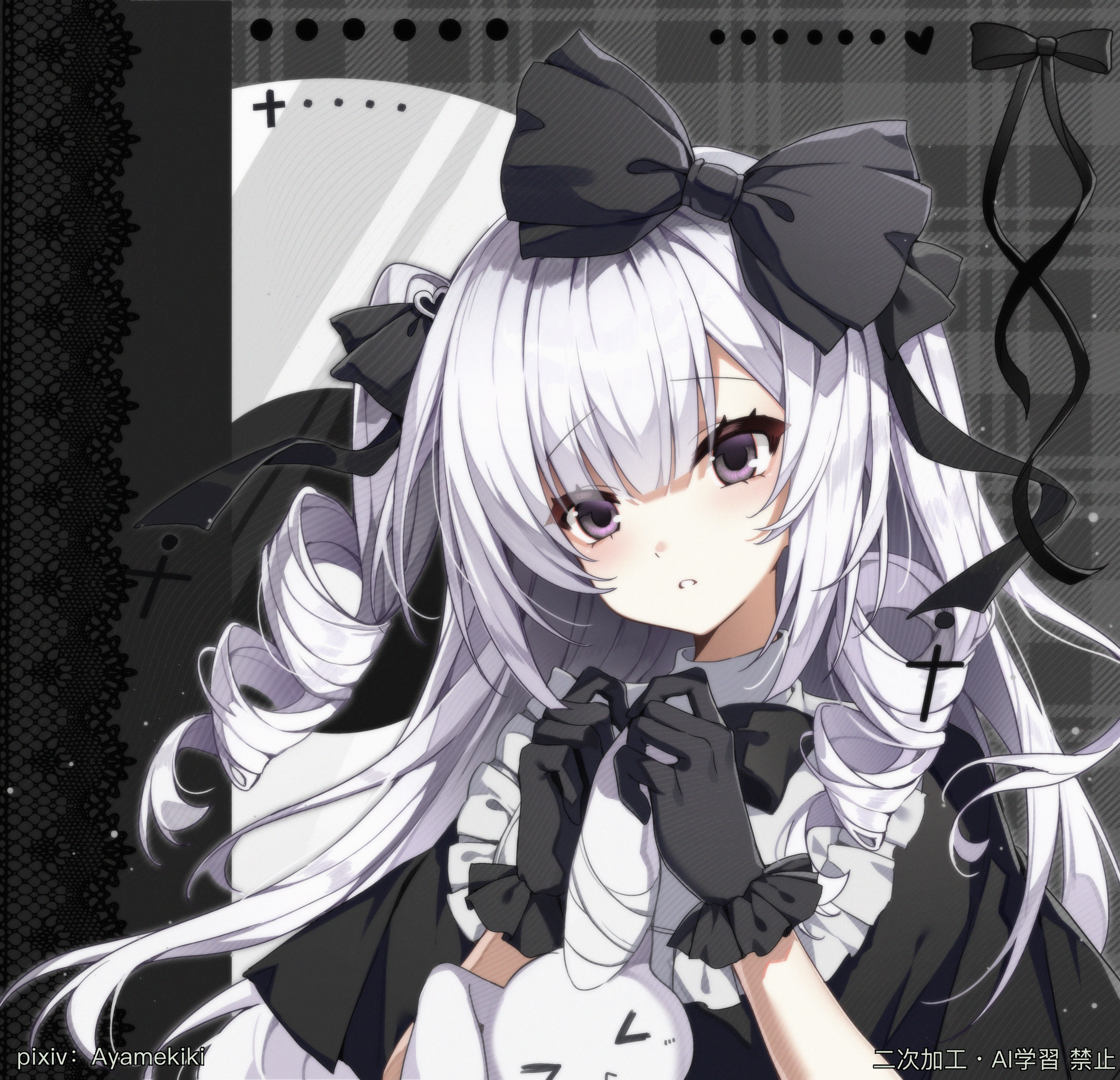 uchihasakino, original, absurdres, commentary request, commission, highres, 1girl, bandaged ear, black gloves, black hairband, bow, cross hair ornament, dress, drill hair, frilled dress, frilled gloves, frills, gloves, goth fashion, gothic lolita, hair bow, hair ornament, hairband, holding, holding stuffed toy, lolita fashion, long hair, maid, parted lips, purple eyes, rabbit, solo, stuffed animal, stuffed rabbit, stuffed toy, upper body, white hair