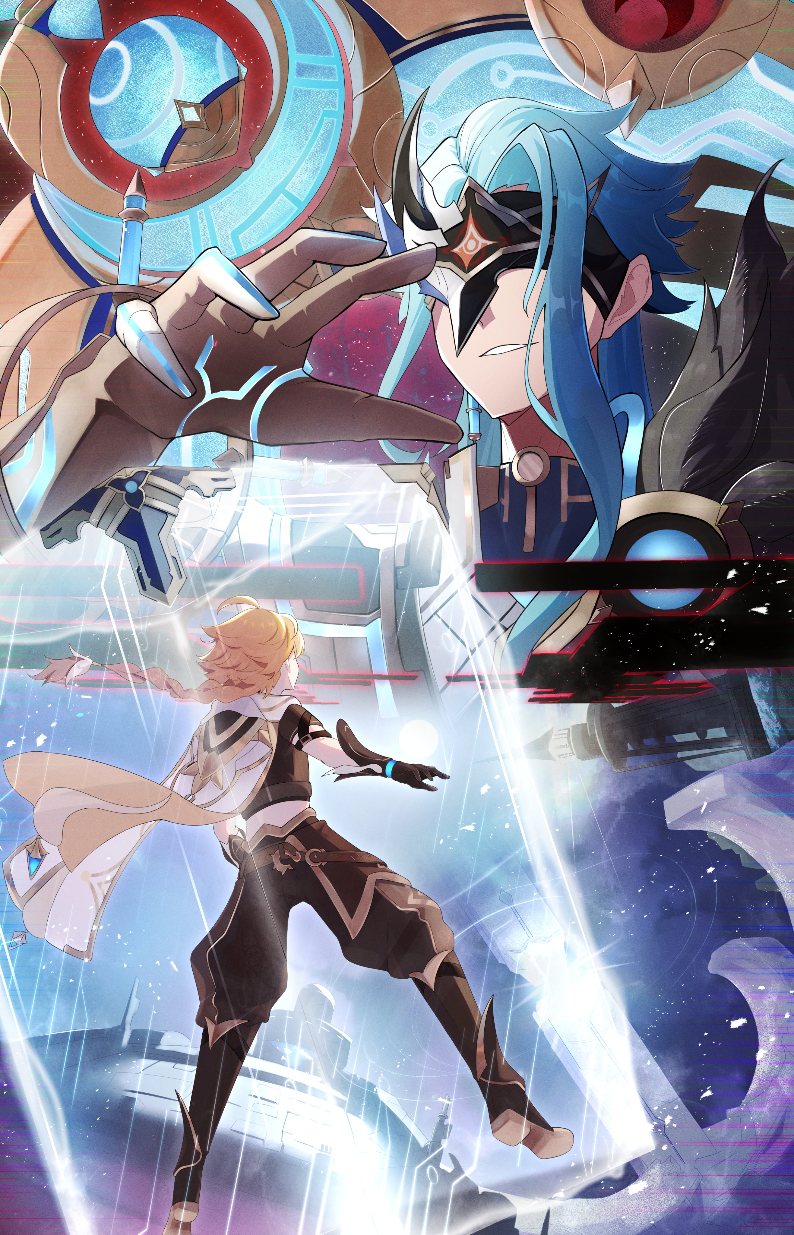 zeroartwo, aether (genshin impact), dottore (genshin impact), genshin impact, absurdres, commentary request, highres, 2boys, aqua hair, armor, black gloves, blonde hair, boots, braid, braided ponytail, brown boots, brown pants, brown shirt, coat, cropped shirt, cube, gloves, knee boots, long hair, mask, medium hair, multiple boys, pants, parted lips, pauldrons, scarf, shirt, shoulder armor, single braid, single pauldron, vambraces, white coat, white scarf