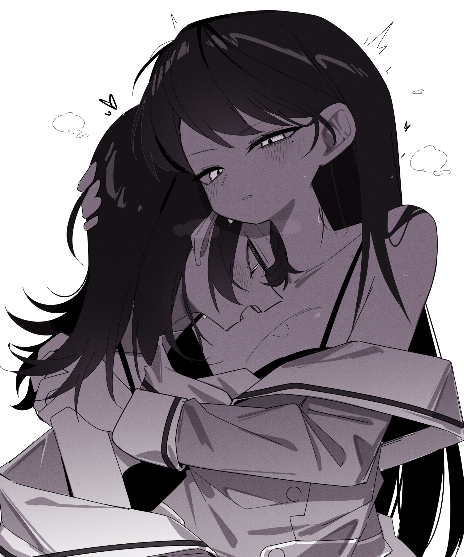 zikiki1092, shiina taki, yahata umiri, bang dream!, bang dream! it's mygo!!!!!, commentary, highres, symbol-only commentary, 2girls, bite mark, bite mark on breast, bite mark on neck, blush, bra, breath, greyscale, hanasakigawa school uniform, hand in another's hair, hand on another's shoulder, long hair, mole, mole under eye, monochrome, multiple girls, off shoulder, open mouth, parted lips, school uniform, underwear, yuri