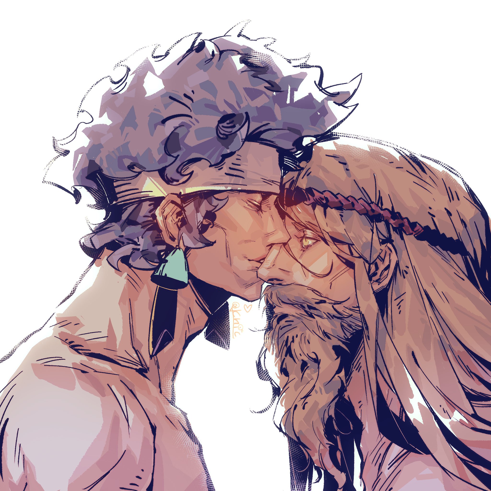 chic l, heracles (hades), prometheus (hades), hades (series), hades 2, commentary, english commentary, highres, 2boys, adam's apple, beard, blonde hair, closed eyes, facial hair, from side, headband, kiss, male focus, multiple boys, profile, simple background, white background, white headband, yaoi, yellow eyes