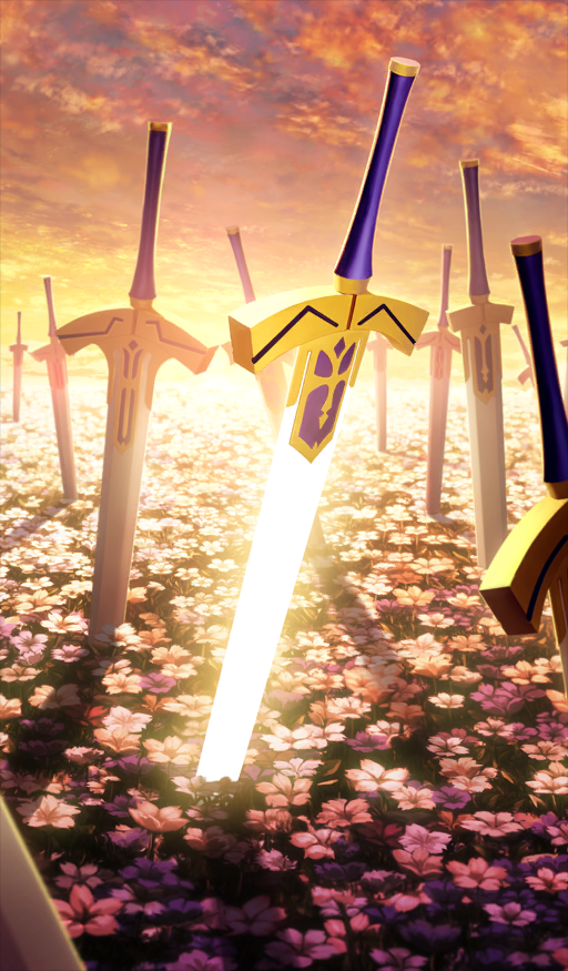 lasengle, fate/grand order, fate (series), commentary request, game cg, official art, third-party source, cloud, cloudy sky, excalibur (fate/stay night), field, field of blades, flower, flower field, glowing, glowing sword, glowing weapon, no humans, planted, planted sword, planted weapon, sky, still life, sword, warm colored, weapon, weapon focus