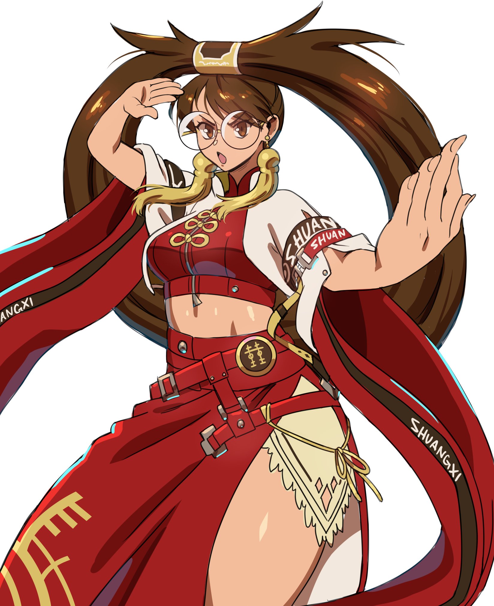 kitsune23star, kuradoberi jam, guilty gear, guilty gear strive, commentary, english commentary, highres, 1girl, belt, breasts, brown eyes, brown hair, chinese clothes, crop top, dress, earrings, english text, fighting stance, hair rings, jewelry, long hair, midriff, multiple belts, open mouth, red dress, round eyewear, side slit, simple background, single hair ring, solo, thick thighs, thighs, white background, wide sleeves