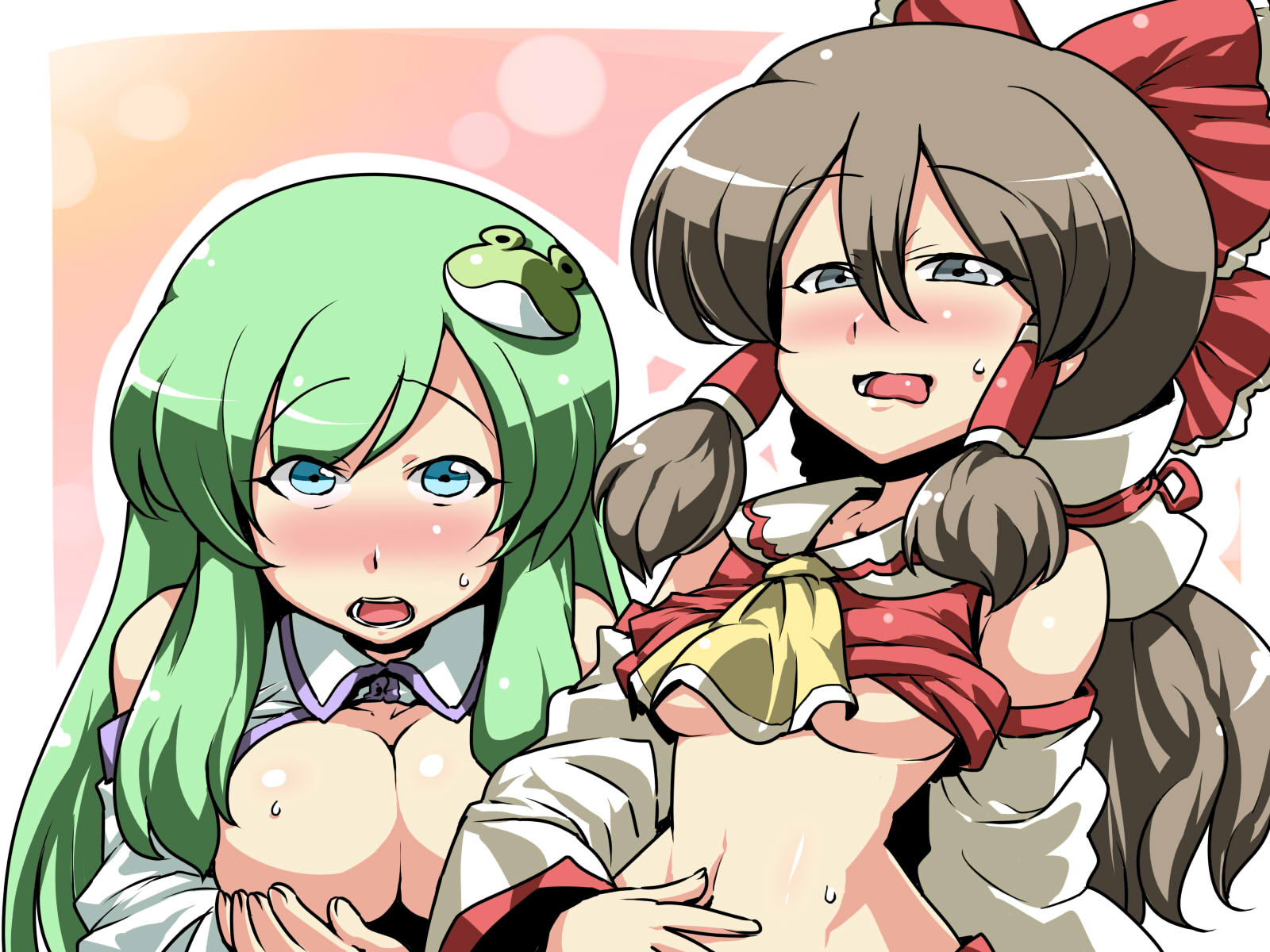 tukiwani, hakurei reimu, kochiya sanae, touhou, highres, 2girls, blush, bottomless, breasts, covering breasts, covering privates, female focus, large breasts, medium breasts, midriff, multiple girls, naughty face, underboob
