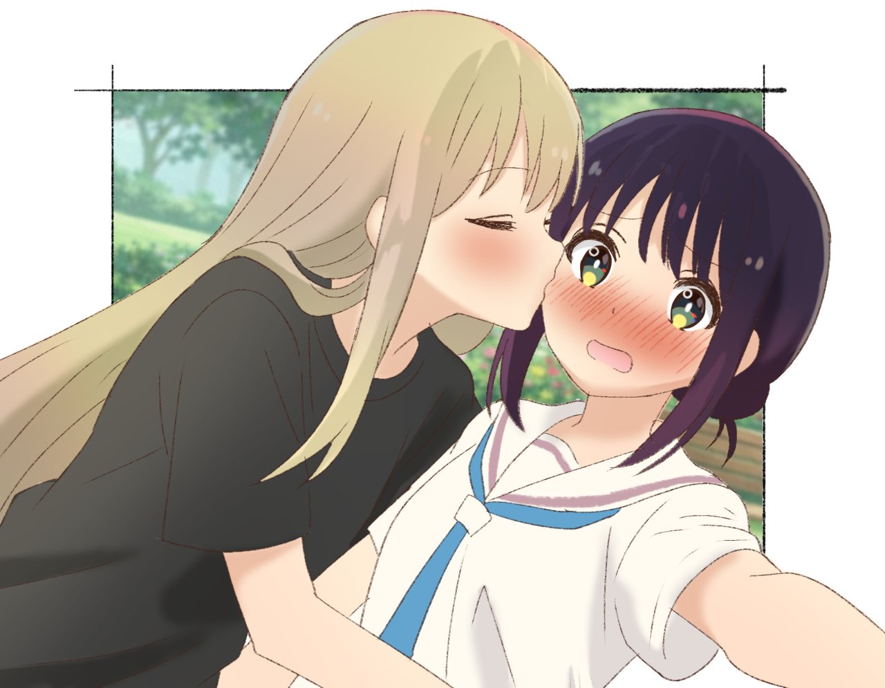 himahari neru, sakayori iroha, commentary, symbol-only commentary, 2girls, black shirt, blonde hair, blue neckerchief, blush, cho kaguya-hime!, closed eyes, day, green eyes, kaguya (cho kaguya-hime!), kiss, kissing cheek, long hair, multiple girls, neckerchief, open mouth, outdoors, purple hair, sailor collar, school uniform, serafuku, shirt, tree, white sailor collar, white shirt, yuri