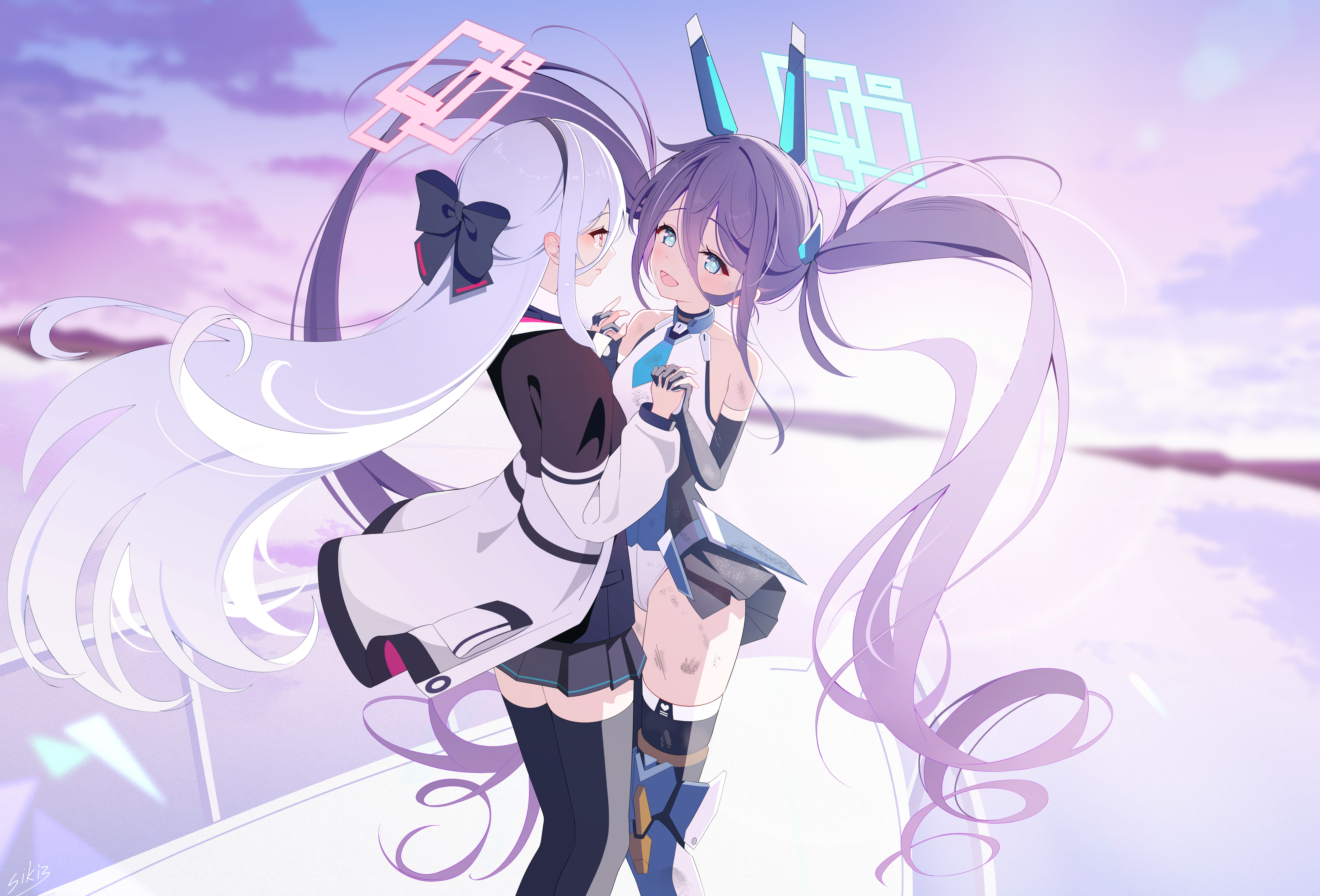 sikimosh, aris (armed) (blue archive), aris (blue archive), kei (blue archive), kei (new body) (blue archive), blue archive, absurdres, commentary request, highres, 2girls, aqua halo, bare shoulders, black hair, black hairband, black vest, blue eyes, blue necktie, blush, breasts, closed mouth, collared shirt, double-parted bangs, grey skirt, hair between eyes, hairband, halo, headgear, holding, holding hands, jacket, leotard, long hair, long hair between eyes, long sleeves, looking at viewer, mecha musume, mechanical arms, mechanical legs, multiple girls, necktie, official alternate costume, official alternate hairstyle, open clothes, open jacket, open mouth, pink eyes, puffy long sleeves, puffy sleeves, rectangular halo, ringed eyes, shirt, short necktie, showgirl skirt, sitting, skirt, sleeves past wrists, small breasts, smile, thighhighs, twintails, very long hair, vest, white hair, white jacket, white leotard, white shirt