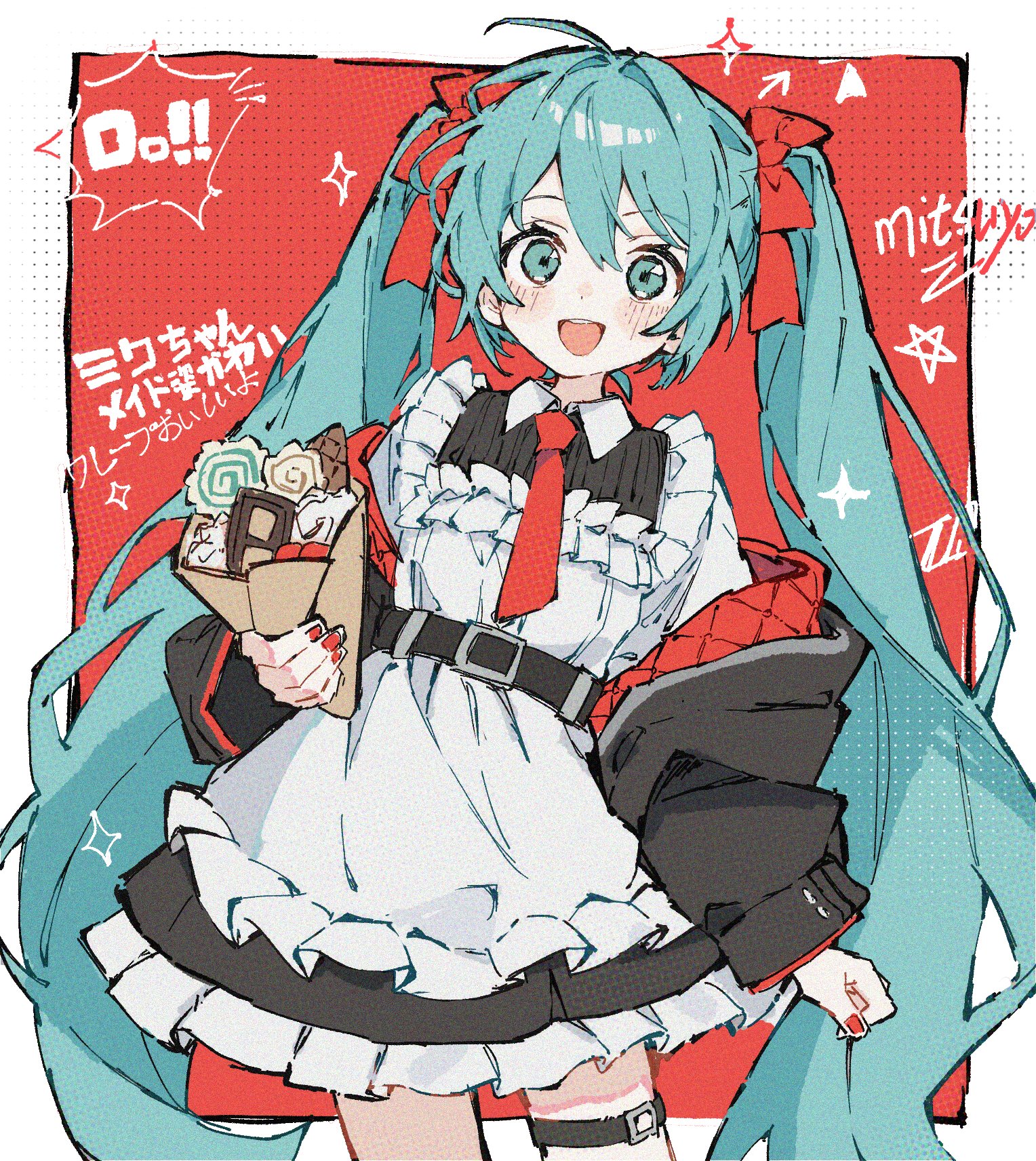 hatsune miku, vocaloid, commentary request, highres, 1girl, :d, alternate costume, aqua eyes, aqua hair, belt, black dress, black jacket, border, bow, candy, collared dress, contrast collar, cowboy shot, dress, food, frilled dress, frills, hair bow, halftone, holding, holding food, jacket, jacket partially removed, long hair, looking at viewer, necktie, off shoulder, open clothes, open jacket, open mouth, outside border, red necktie, sanye mitsuyo, smile, solo, thigh strap, twintails, two-sided fabric, two-sided jacket, two-tone dress, very long hair, white border, white dress
