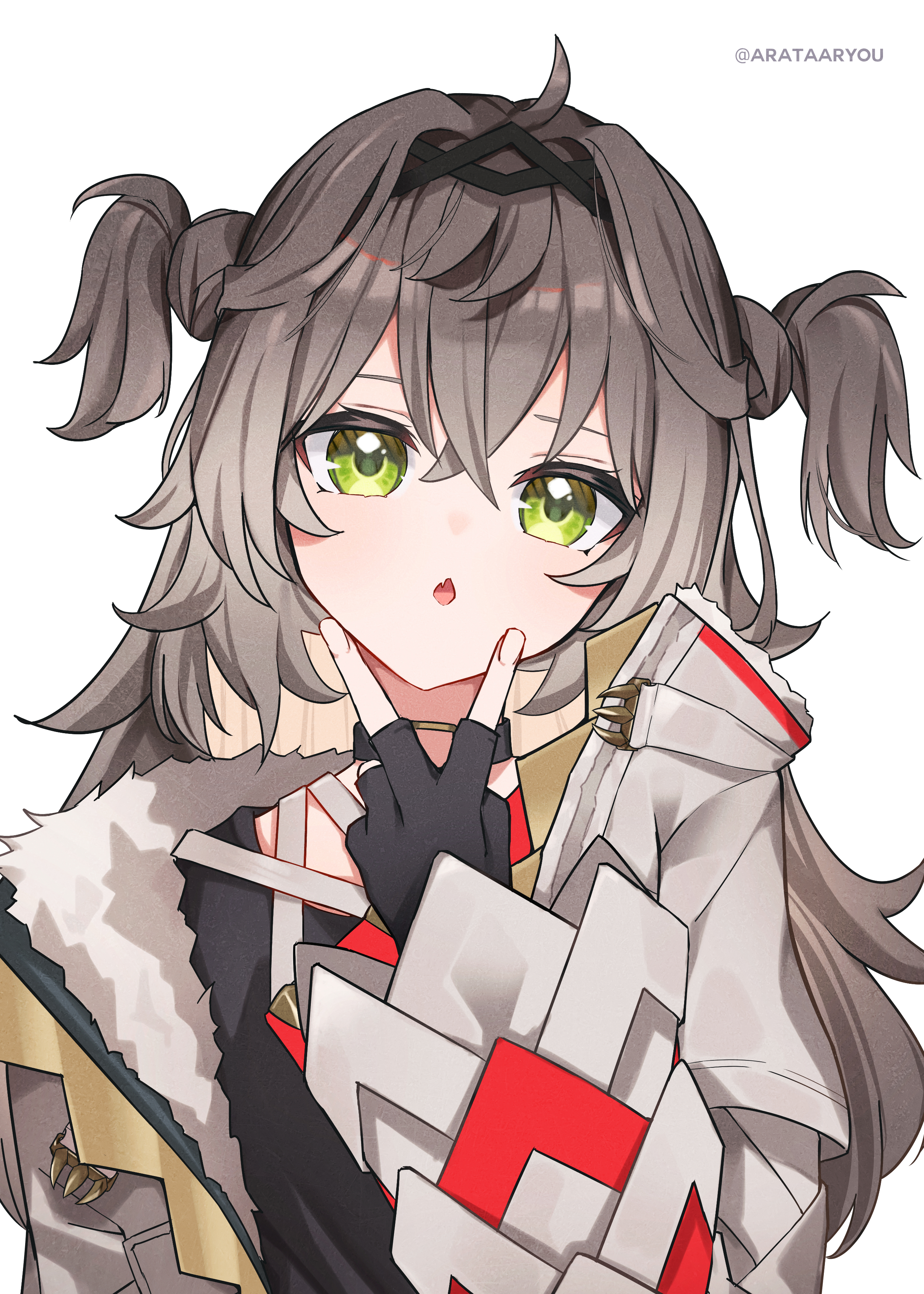 arata ryou, tatsumaki chise, vspo!, absurdres, commentary request, highres, 1girl, ahoge, artist name, black choker, black shirt, choker, coat, crossed bangs, fang, fur-trimmed coat, fur trim, green eyes, grey coat, grey hair, hair between eyes, hand up, head tilt, inward v, long hair, long sleeves, looking at viewer, open clothes, open coat, open mouth, shirt, simple background, skin fang, solo, t-shirt, two side up, upper body, v, virtual youtuber, white background