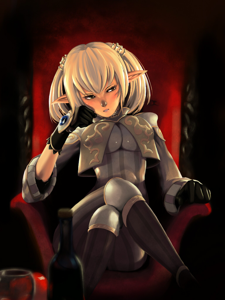 tororoto, shantotto, final fantasy, final fantasy xi, 00s, 1girl, blonde hair, breasts, brown eyes, cleavage, crossed legs, female focus, flapper shirt, gloves, pointy ears, shirt, short hair, sitting, solo, tarutaru, twintails, underboob