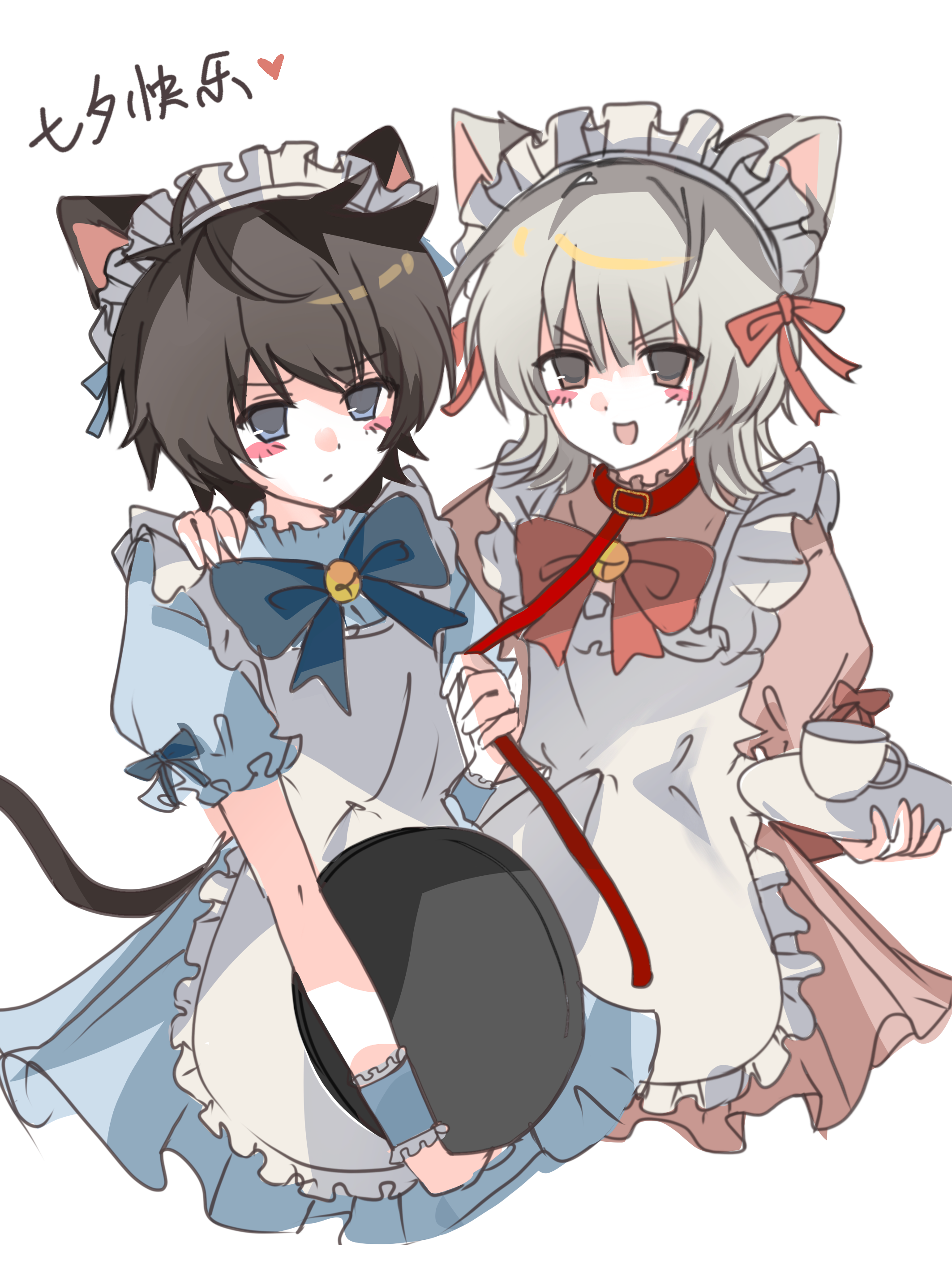 akinashi haru, tatsunami shion, saihate eki, absurdres, chinese commentary, commentary request, highres, translation request, 2boys, animal collar, animal ears, april fools 2025 cat ear maid outfit (saihate eki), apron, bell, blue bow, blue bowtie, blue dress, bow, bowtie, cat boy, cat ears, cat tail, chinese text, collar, crossdressing, crossdressing (mtf), cup, dress, hand on another's shoulder, holding, holding leash, holding tray, leash, maid, maid headdress, male focus, male maid, matching outfits, multiple boys, nan1402567, neck bell, pink bow, pink bowtie, pink dress, short dress, short hair, tail, teacup, tray, white apron, white hair