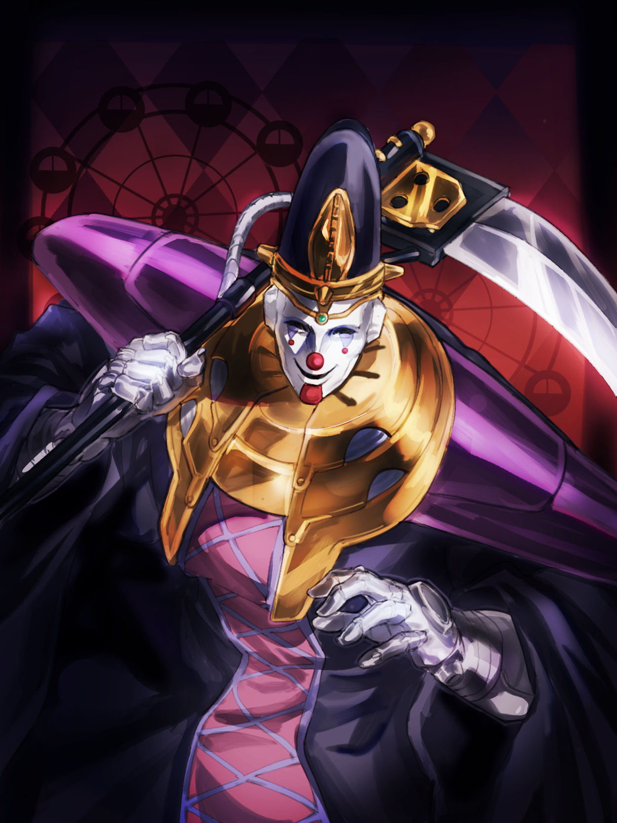 death 13, jojo no kimyou na bouken, stardust crusaders, commentary, highres, 1other, armor, clown, clown nose, ferris wheel, hat, holding, holding scythe, isano08, mask, scythe, smile, solo, stand (jojo)