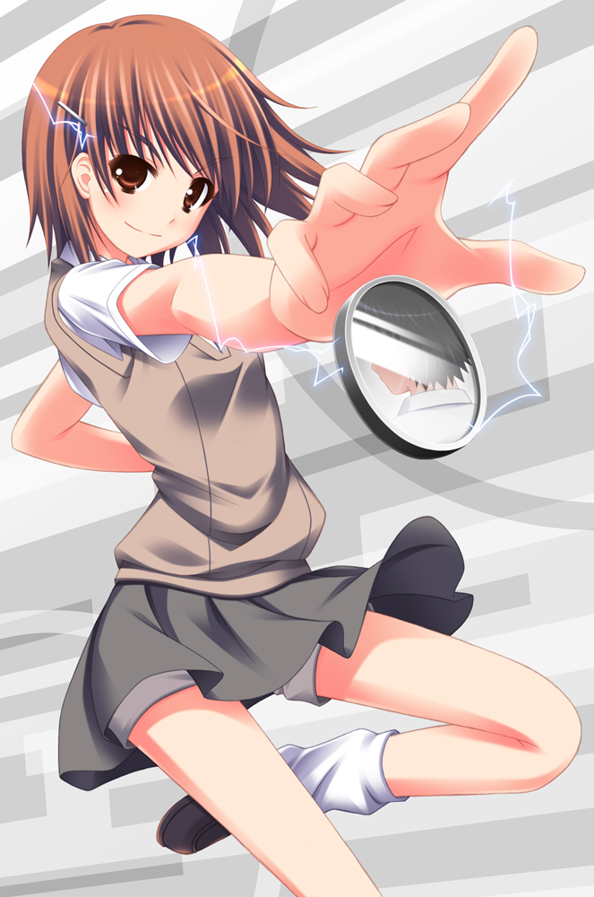 nicci, kamijou touma, misaka mikoto, toaru kagaku no railgun, toaru majutsu no index, 1girl, brown eyes, brown hair, coin, electricity, electrokinesis, female focus, hair ornament, hairclip, reflection, school uniform, short hair, shorts, solo