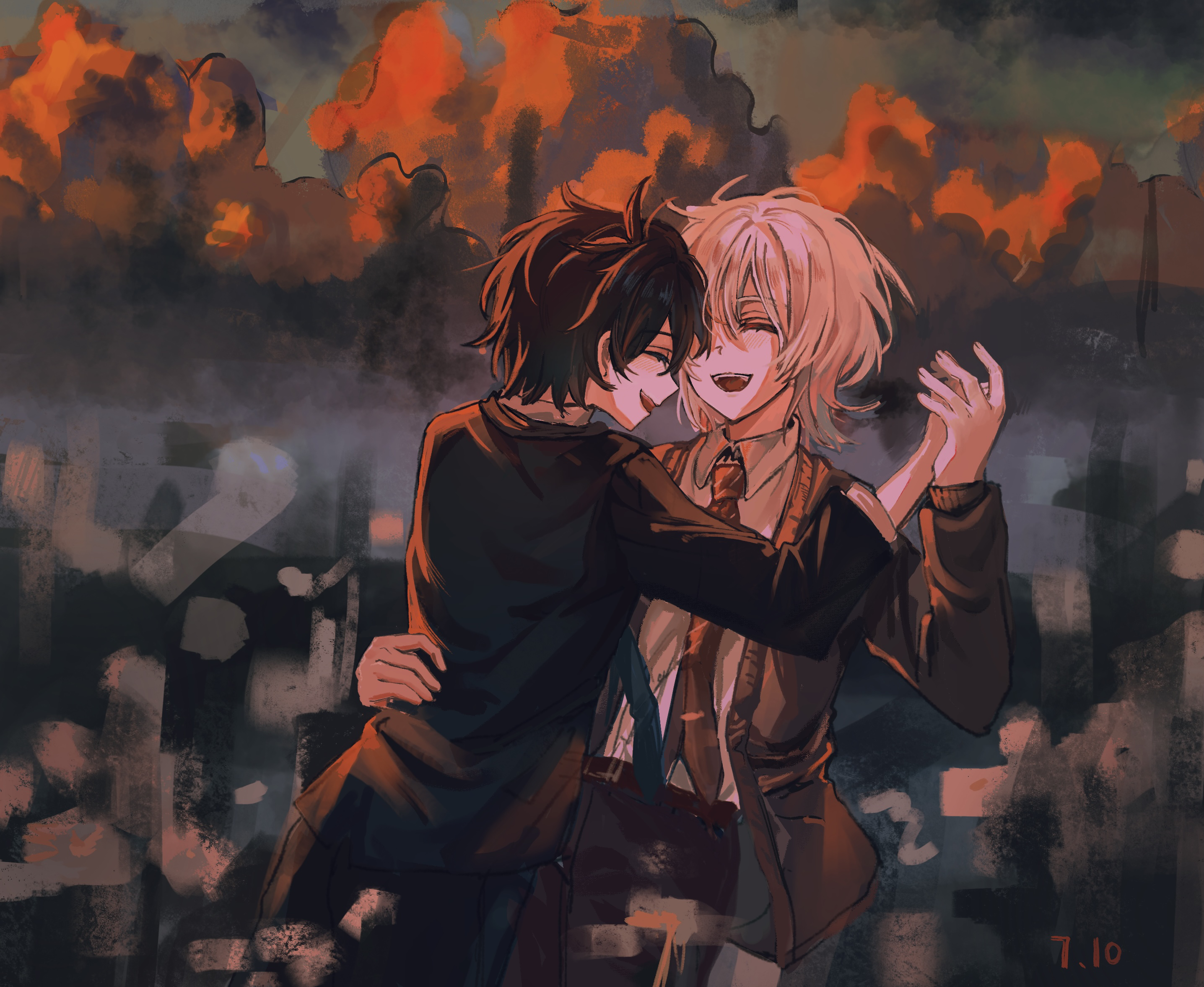 akinashi haru, tatsunami shion, saihate eki, chinese commentary, commentary request, highres, 2boys, :d, black hair, black pants, brown cardigan, brown necktie, cardigan, closed eyes, collared shirt, cowboy shot, dancing, dated, dress shirt, formal clothes, hand on another's back, holding hands, huazijunmeitiandouhaoshuaie, male focus, multiple boys, necktie, open mouth, orange clouds, pants, red pants, shirt, short hair, smile, suit, white hair, white shirt