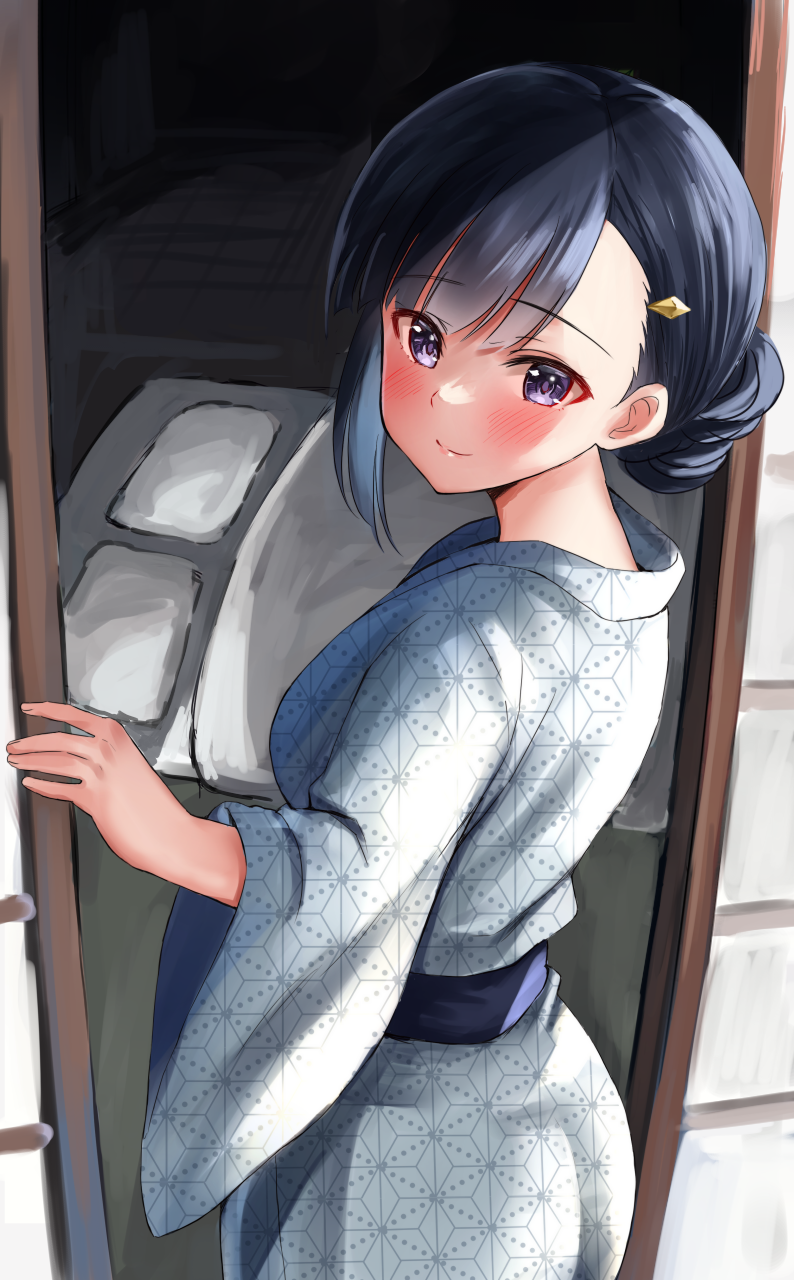 sg (esujii), kiryuuin aoi, umamusume, bad source, highres, 1girl, architecture, ass, asymmetrical bangs, bath yukata, black hair, blush, breasts, closed mouth, east asian architecture, from behind, futon, grey kimono, japanese clothes, kimono, looking at viewer, pillow, print kimono, purple eyes, purple sash, sash, shouji, sliding doors, smile, solo, wide sleeves, yukata