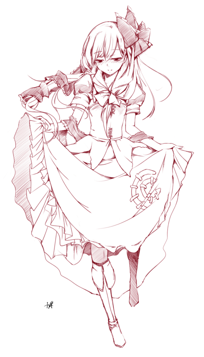 cofepig, kagiyama hina, touhou, bad id, bad pixiv id, highres, 1girl, arm ribbon, blush, boots, clothes lift, dress, dress lift, female focus, frills, front ponytail, full body, hair ribbon, looking down, monochrome, ribbon, simple background, sketch, skirt hold, smile, solo