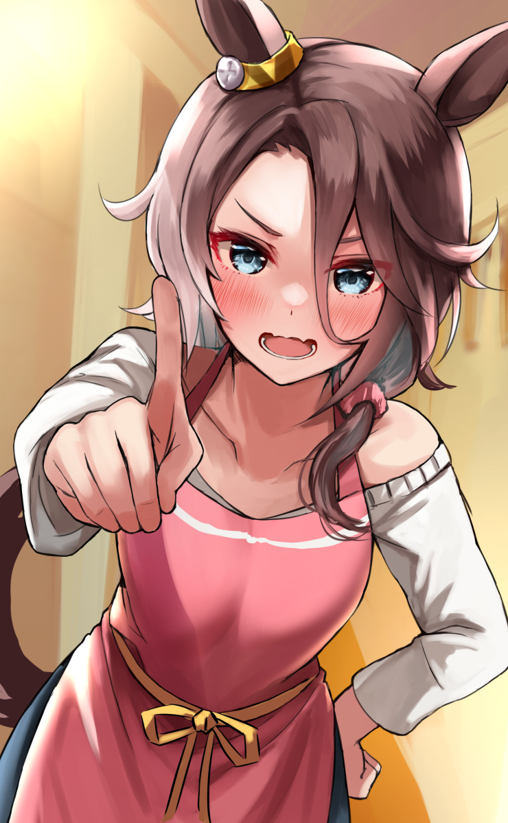 sg (esujii), narita taishin (umamusume), umamusume, bad source, highres, 1girl, aged up, animal ears, apron, bare shoulders, black pants, blue eyes, blush, brown hair, fang, hand on own hip, hand up, horse ears, horse girl, horse tail, index finger raised, indoors, long sleeves, looking at viewer, low ponytail, medium hair, off-shoulder shirt, off shoulder, open mouth, outstretched arm, pants, pink apron, pointing, pointing at viewer, ponytail, ribbon, shirt, skin fang, solo, tail, v-shaped eyebrows, white shirt, yellow ribbon