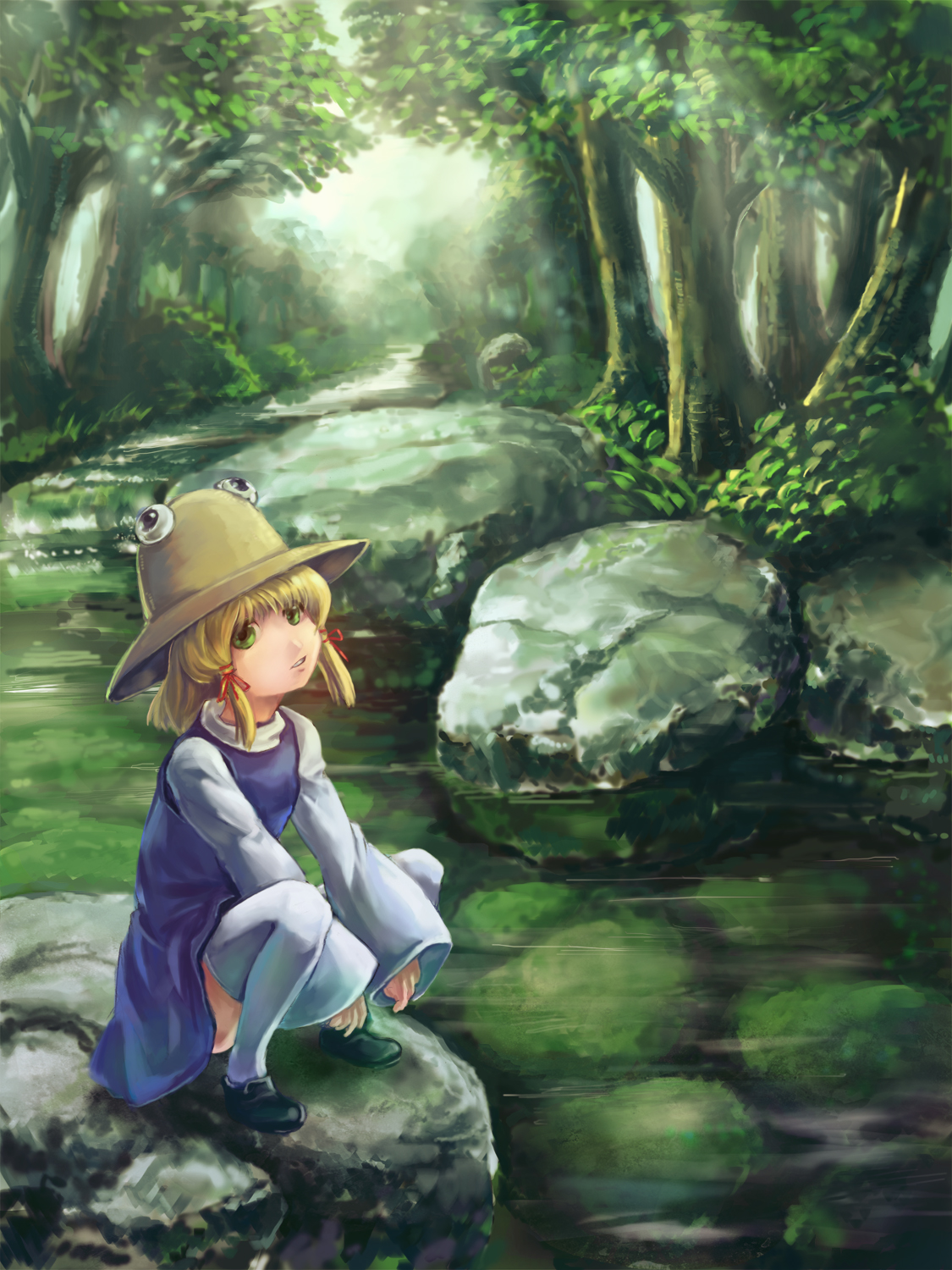 yuumeibokumeimei, moriya suwako, touhou, bad id, bad pixiv id, highres, 1girl, blonde hair, female focus, forest, full body, green eyes, hat, nature, outdoors, short hair, solo, squatting, thighhighs, tree, water
