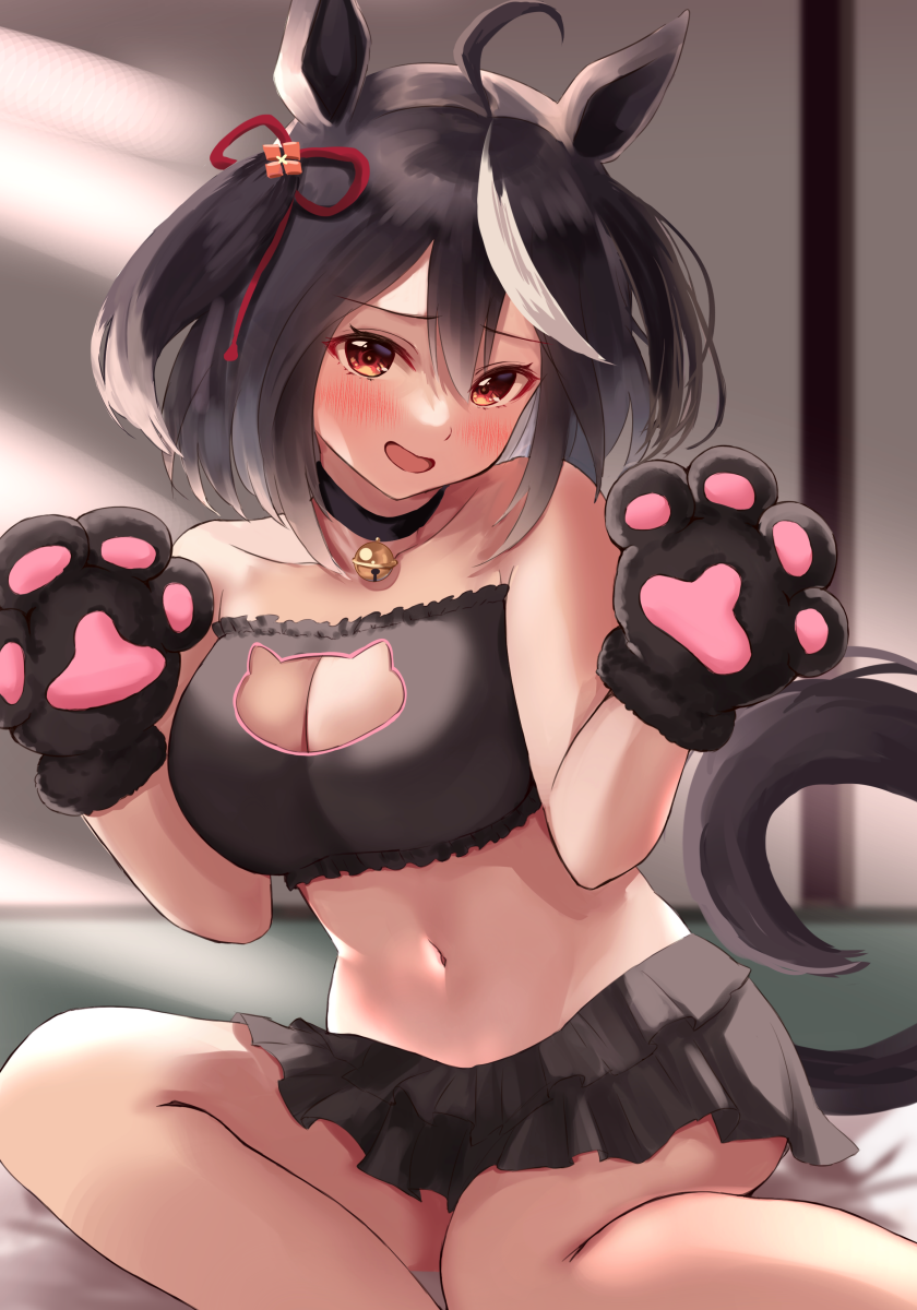 sg (esujii), kitasan black (umamusume), umamusume, bad source, highres, 1girl, ahoge, animal ears, animal hands, animal print, bell, black bra, black choker, black gloves, black hair, black tail, blush, bra, breasts, cat bra, cat lingerie, cat print, choker, cleavage, cleavage cutout, clothing cutout, frilled bra, frills, gloves, hands up, horse ears, horse girl, horse tail, indoors, large breasts, looking at viewer, multicolored hair, navel, neck bell, open mouth, paw gloves, paw pose, red eyes, red ribbon, ribbon, short hair, sitting, smile, solo, streaked hair, tail, thighs, two side up, underwear, white streaks, yokozuwari