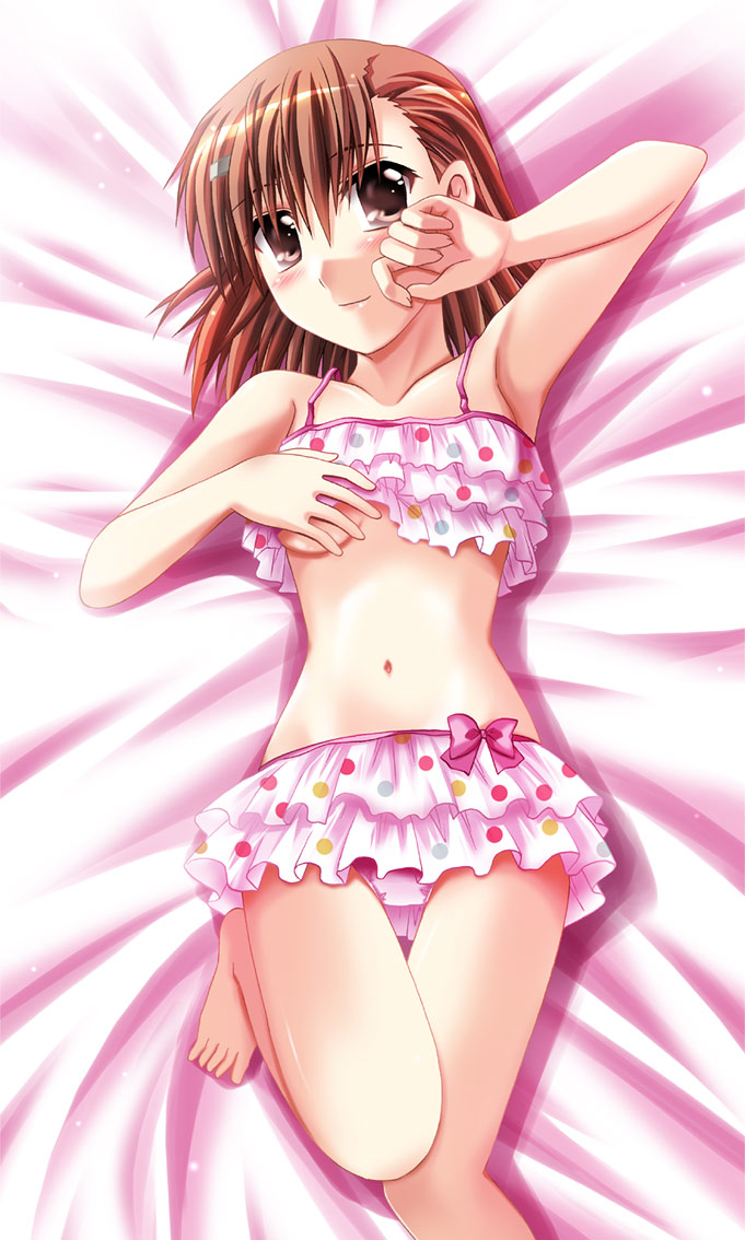 otoki raku, misaka mikoto, toaru kagaku no railgun, toaru majutsu no index, frilled swimsuit, 1girl, armpits, bikini, bikini skirt, blush, breasts, brown eyes, brown hair, clothes pull, female focus, frills, hair ornament, hairclip, light smile, navel, one-piece swimsuit pull, polka dot, polka dot bikini, polka dot swimsuit, ruffle bikini, shiny skin, short hair, solo, swimsuit, tankini, thigh gap, underboob