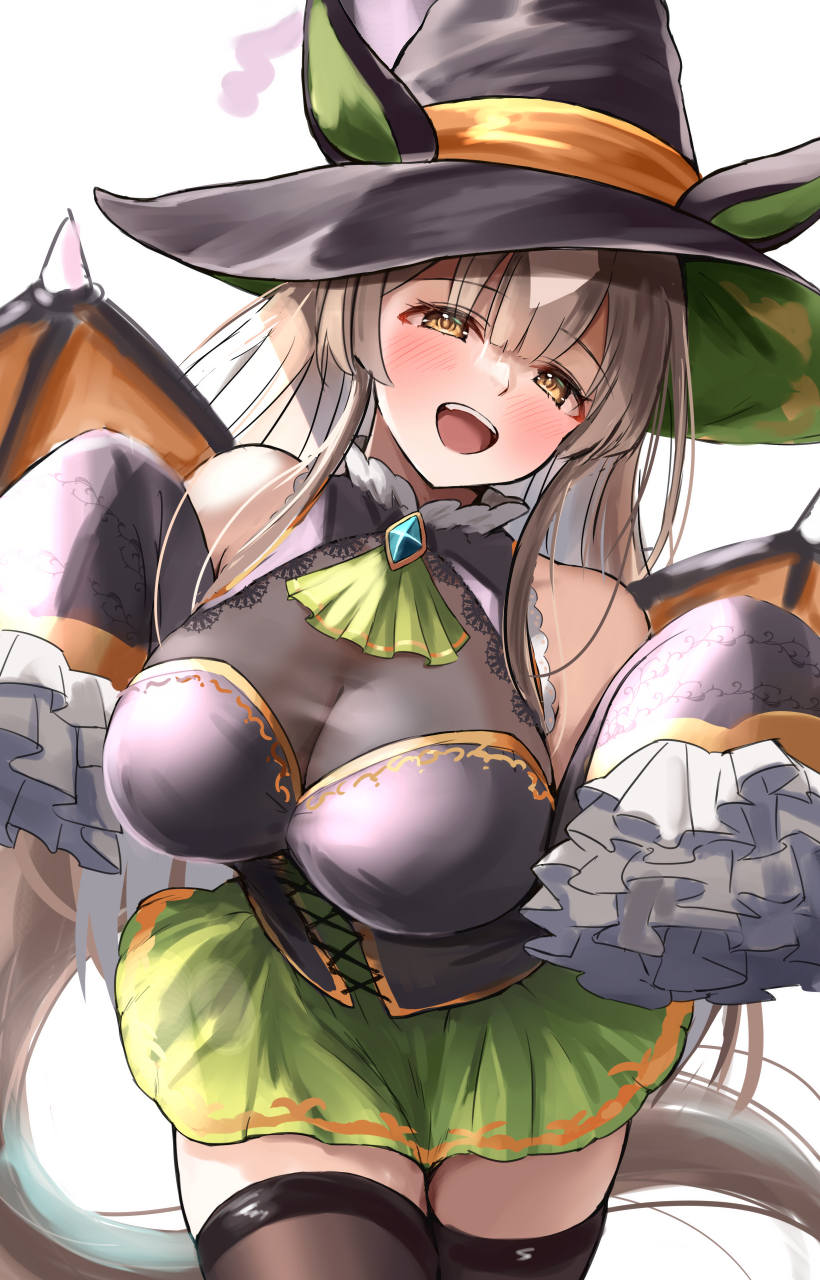 sg (esujii), satono diamond (umamusume), umamusume, bad source, highres, 1girl, alternate costume, animal ears, black corset, black hat, black sleeves, black thighhighs, blush, breasts, brown eyes, brown hair, corset, demon wings, detached sleeves, diamond (shape), frilled sleeves, frills, green skirt, hair between eyes, halloween costume, hands up, hat, horse ears, horse girl, horse tail, large breasts, long hair, looking at viewer, miniskirt, multicolored hair, open mouth, see-through cleavage, see-through clothes, simple background, skirt, sleeves past fingers, sleeves past wrists, smile, solo, streaked hair, tail, teeth, thighhighs, upper teeth only, white background, white streaks, wings, witch hat