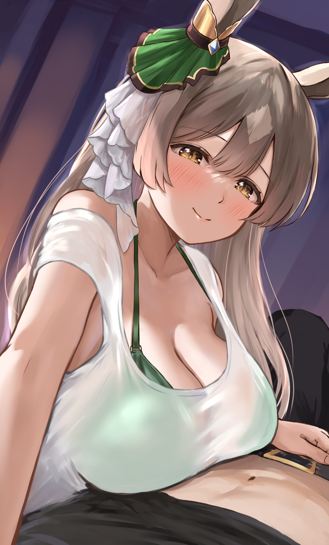 sg (esujii), satono diamond (umamusume), umamusume, bad source, highres, 1boy, 1girl, animal ears, belt, black shirt, blush, bra, bra visible through clothes, breasts, brown eyes, brown hair, cleavage, double-parted bangs, gaze on me! outfit (umamusume), green bra, horse ears, horse girl, large breasts, long hair, pov, see-through clothes, shirt, smile, tank top, underwear, white tank top