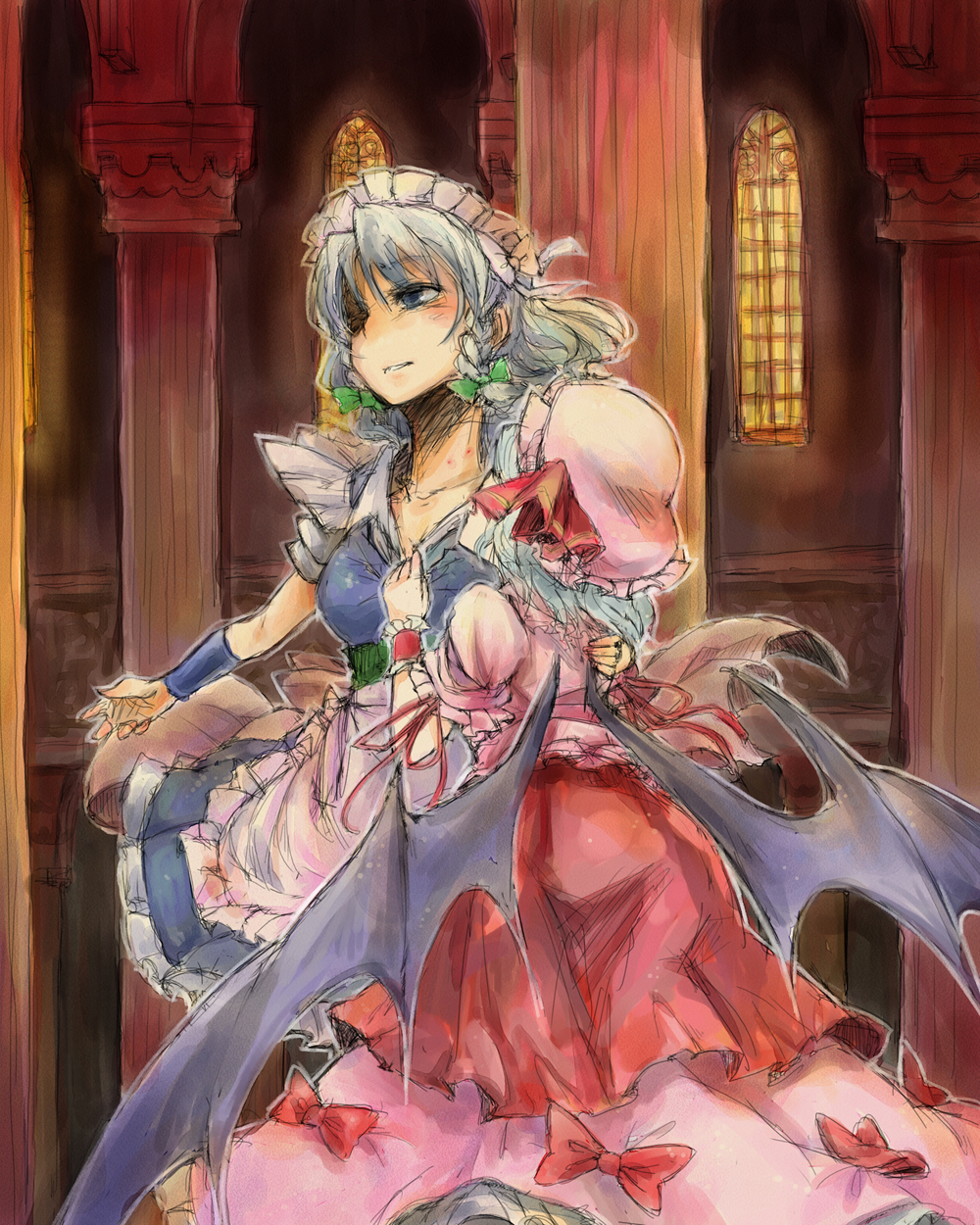 rotan, izayoi sakuya, remilia scarlet, touhou, silver hair, highres, 2girls, bat wings, bite mark, blue eyes, blue hair, braid, female focus, hat, maid, multiple girls, short hair, twin braids, wings