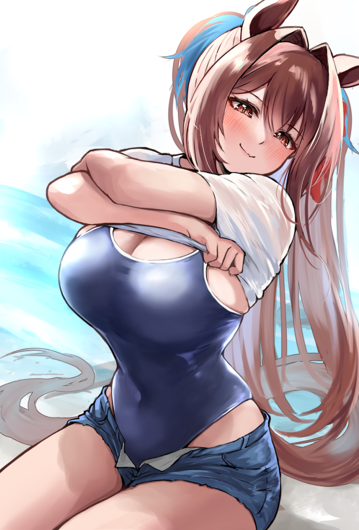 sg (esujii), daiwa scarlet (umamusume), umamusume, bad source, 1girl, animal ears, blonde hair, blue one-piece swimsuit, blue shirt, breasts, brown hair, cleavage, closed mouth, covered navel, denim, denim shorts, fang, fang out, hair between eyes, hair intakes, highleg, highleg one-piece swimsuit, horse ears, horse girl, horse tail, large breasts, long hair, looking at viewer, one-piece swimsuit, red eyes, shirt, short sleeves, shorts, sitting, skin fang, smile, solo, swimsuit, swimsuit under clothes, tail, undressing, white shirt