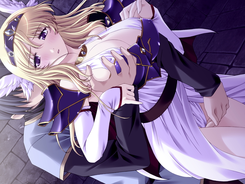 genzou, eleanor (haramasete), haramasete ikusa otome, wall, tagme, 1boy, 1girl, bare shoulders, blonde hair, blush, breasts, cleavage, dutch angle, fingering, grabbing another's breast, grabbing from behind, groping, indoors, large breasts, medium breasts, panties, running bond, standing, stone floor, stone wall, underwear, white panties, winged hair ornament