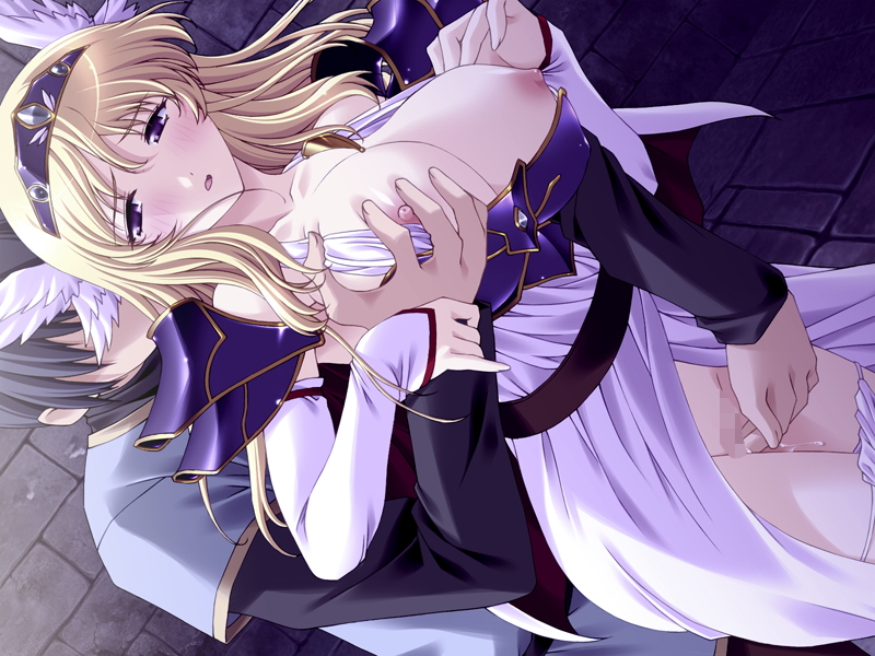 genzou, eleanor (haramasete), haramasete ikusa otome, wall, tagme, 1boy, 1girl, bare shoulders, blonde hair, blush, breasts, censored, cleavage, dutch angle, fingering, grabbing another's breast, grabbing from behind, groping, indoors, large breasts, legs together, medium breasts, mosaic censoring, nipple slip, nipples, panties, panty pull, pussy juice, pussy juice drip, running bond, standing, stone floor, stone wall, underwear, white panties, winged hair ornament