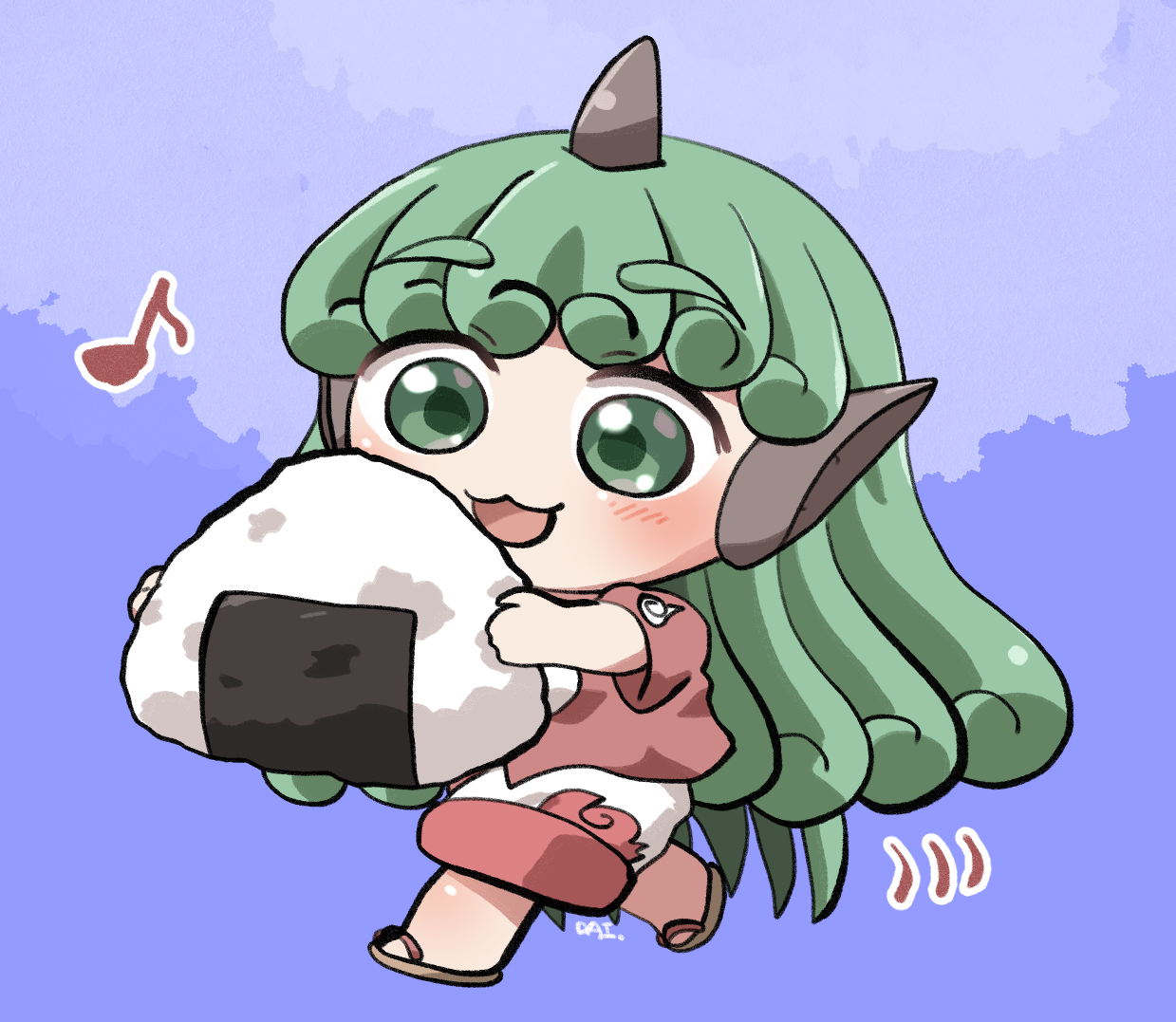 rokugou daisuke, komano aunn, touhou, commentary request, 1girl, :3, :d, blue background, blush, brown sandals, chibi, chibi only, curly hair, food, full body, green eyes, green hair, holding, holding food, horns, kariyushi shirt, komainu ears, komainu girl, long hair, onigiri, open mouth, red shirt, sandals, shirt, short sleeves, shorts, signature, single horn, smile, solo, standing, white shorts