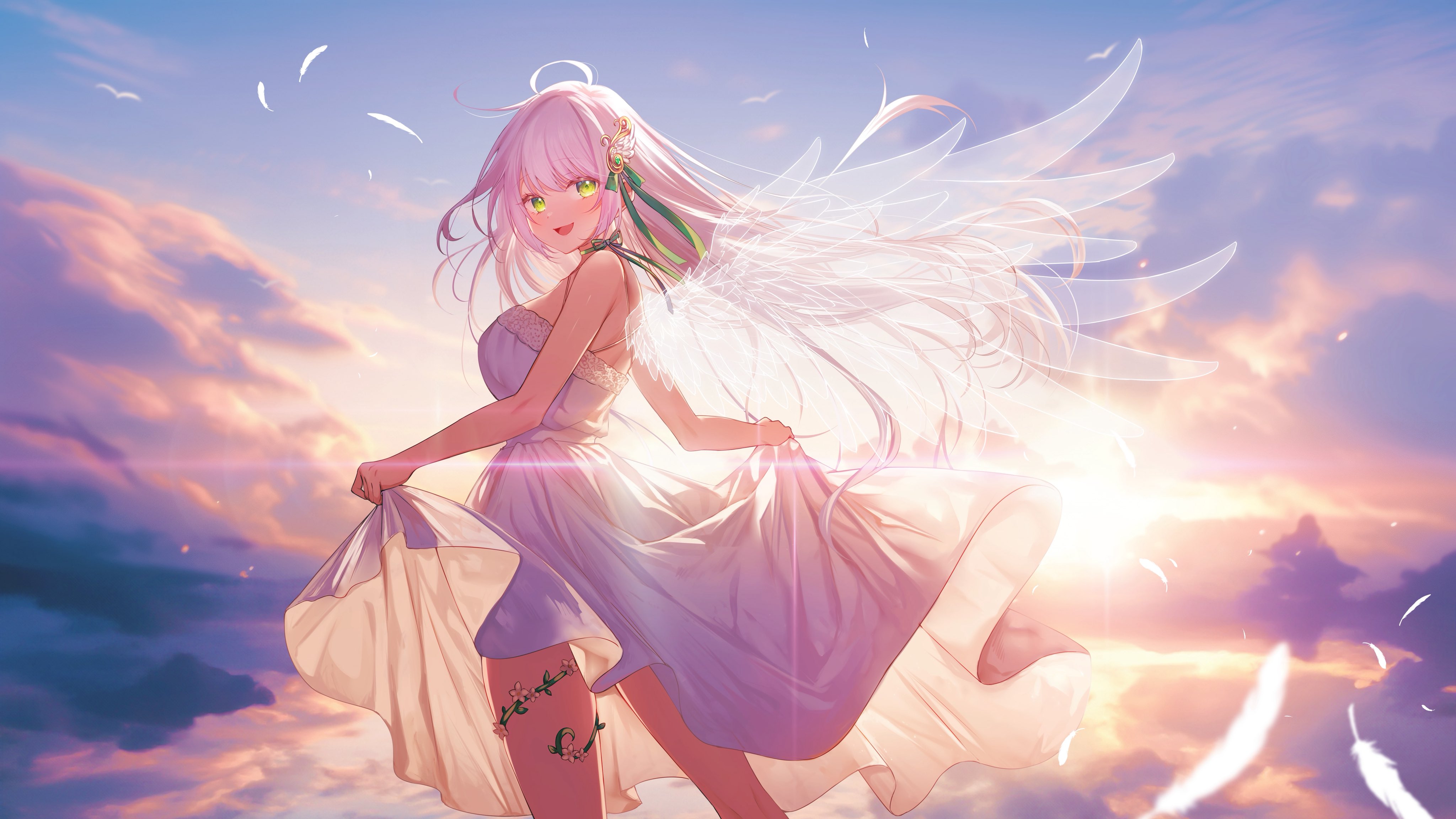 yutori el, absurdres, commentary request, commission, highres, second-party source, 1girl, bare arms, bare shoulders, blue sky, breasts, clothes lift, cloud, cloudy sky, cocoluce, dawn, dress, dress lift, feather hair ornament, feathered wings, feathers, green eyes, green ribbon, hair ornament, hanenone cocone, large breasts, lifting own clothes, long hair, looking at viewer, open mouth, ribbon, sky, sleeveless, sleeveless dress, smile, solo, spaghetti strap, sun, sunrise, transparent wings, virtual youtuber, white dress, white feathers, white hair, white wings, wings