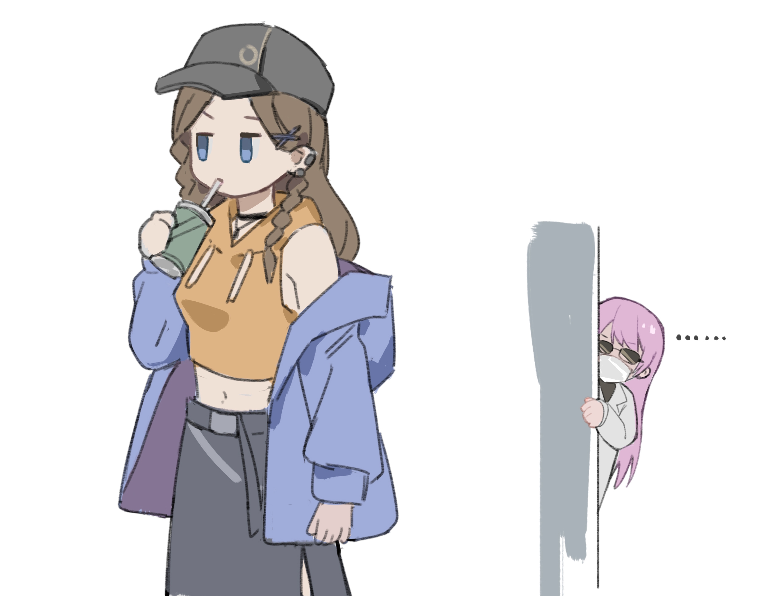 was775, chihaya anon, nagasaki soyo, bang dream!, bang dream! it's mygo!!!!!, chinese commentary, commentary request, highres, 2girls, baseball cap, black choker, black hat, black skirt, blue eyes, braid, breasts, brown hair, choker, cup, disposable cup, drinking straw, drinking straw in mouth, ear piercing, hat, holding, holding cup, hood, hood down, hoodie, long hair, mask, medium breasts, midriff, mouth mask, multiple girls, peeking, piercing, pink hair, side braids, skirt, sleeveless, sleeveless hoodie, sunglasses, yellow hoodie