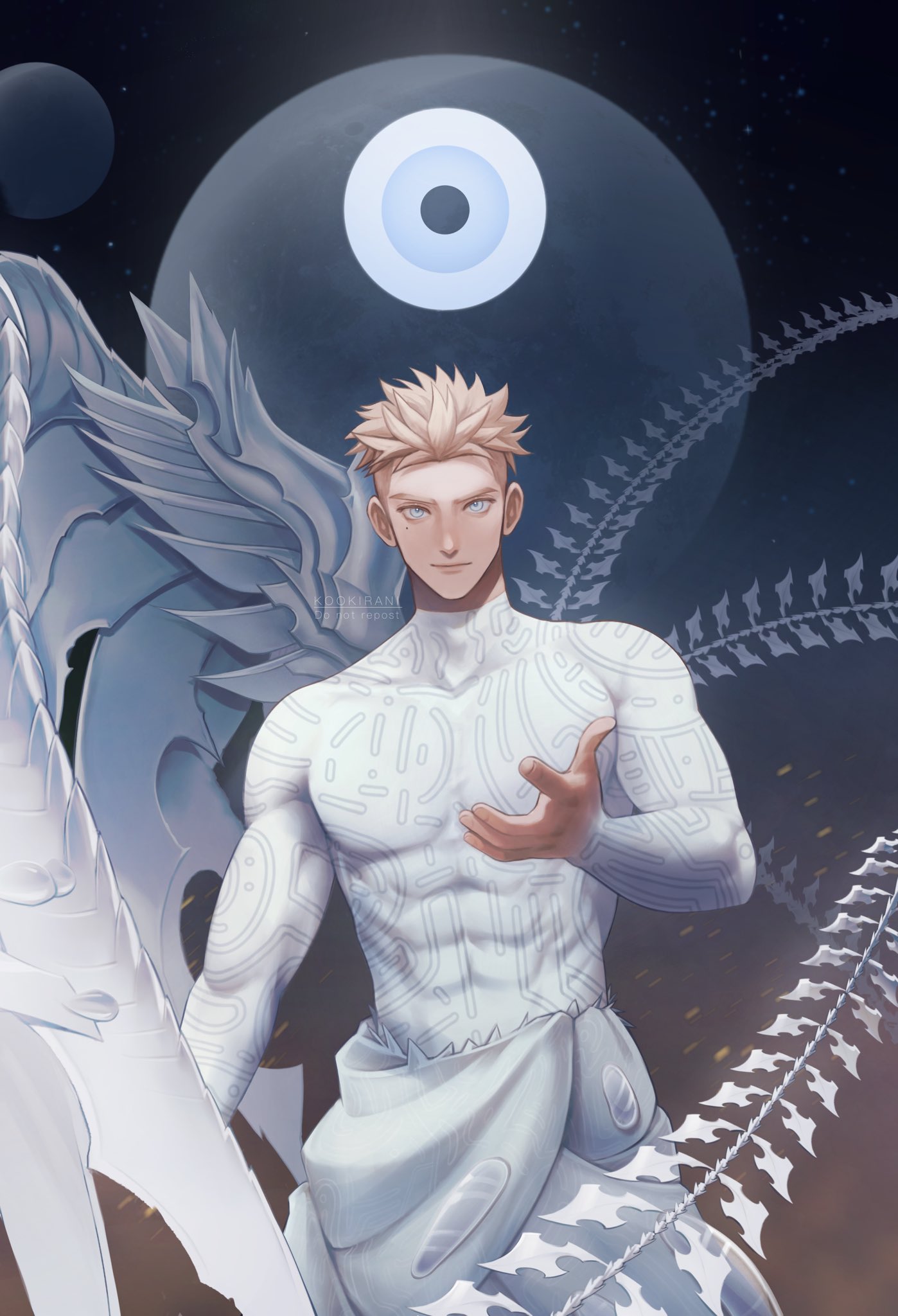 kookirani, millions knives, trigun, trigun stampede, hashtag-only commentary, highres, 1boy, arm up, blonde hair, blue eyes, bodysuit, clothes around waist, covered abs, covered navel, covered pectorals, cowboy shot, full moon, long sleeves, looking at viewer, male focus, mole, mole under eye, moon, one-eyed, pectorals, planet, robe, short hair, single wing, sky, solo, star (sky), starry sky, tendril, white bodysuit, wings