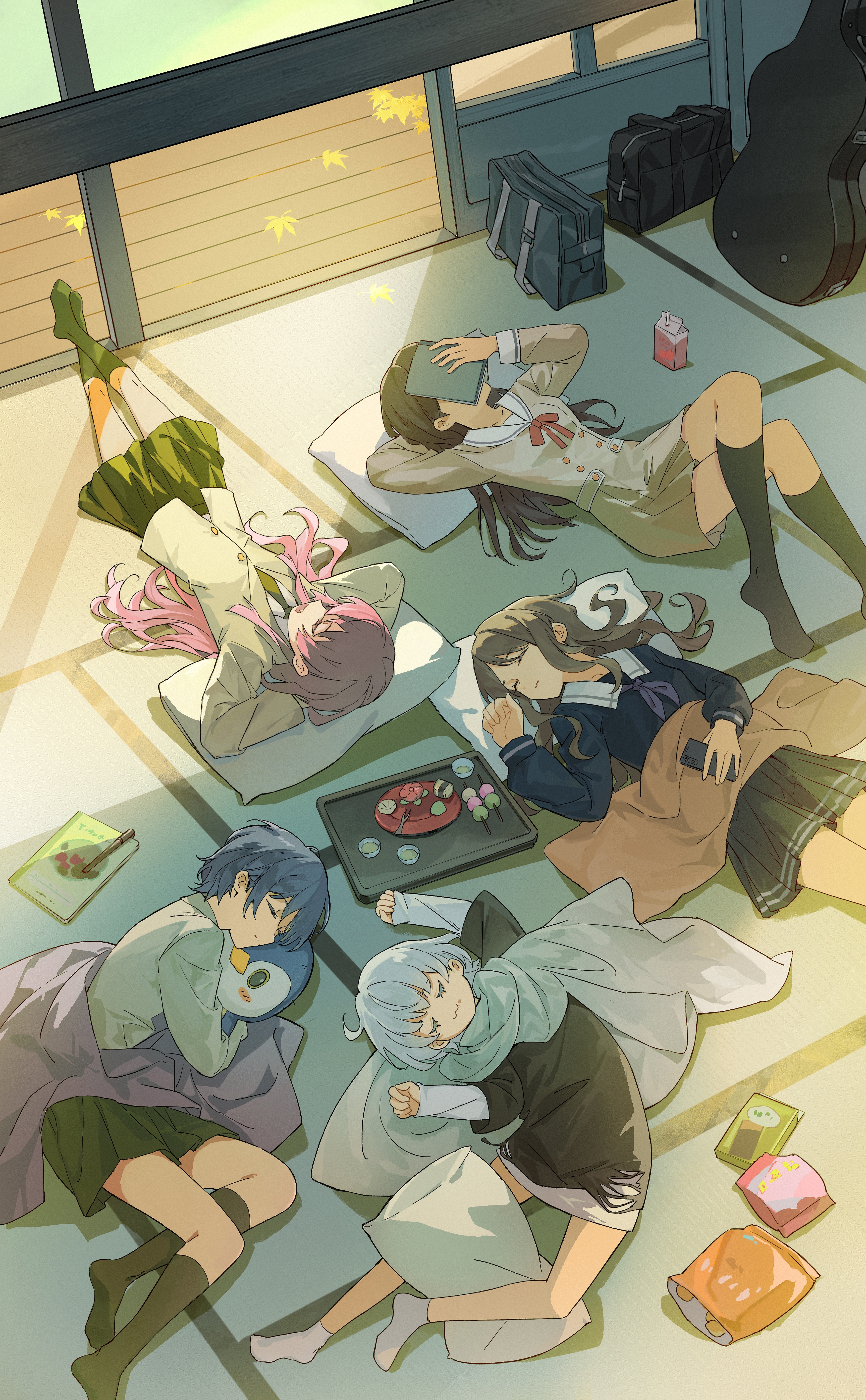 was775, chihaya anon, kaname raana, nagasaki soyo, shiina taki, takamatsu tomori, bang dream!, bang dream! it's mygo!!!!!, absurdres, chinese commentary, commentary request, highres, 5girls, :3, arms behind head, bag, bird, black bag, black hair, black shirt, black socks, blanket, blue shirt, blue skirt, book, brown hair, cellphone, closed eyes, dango, fang, food, green necktie, green skirt, green socks, grey hair, grey jacket, guitar case, hanasakigawa school uniform, haneoka school uniform, holding, holding phone, instrument case, jacket, kneehighs, layered sleeves, long hair, long sleeves, lying, multiple girls, mygo!!!!! (bang dream!), necktie, no shoes, notebook, on back, on side, open book, open mouth, penguin, phone, pink hair, sailor collar, sanshoku dango, school bag, school uniform, shirt, short hair, short over long sleeves, short sleeves, skirt, sleeping, smartphone, socks, stuffed animal, stuffed penguin, stuffed toy, sunlight, tatami, tsukinomori school uniform, wagashi, white hair, white sailor collar, white shirt