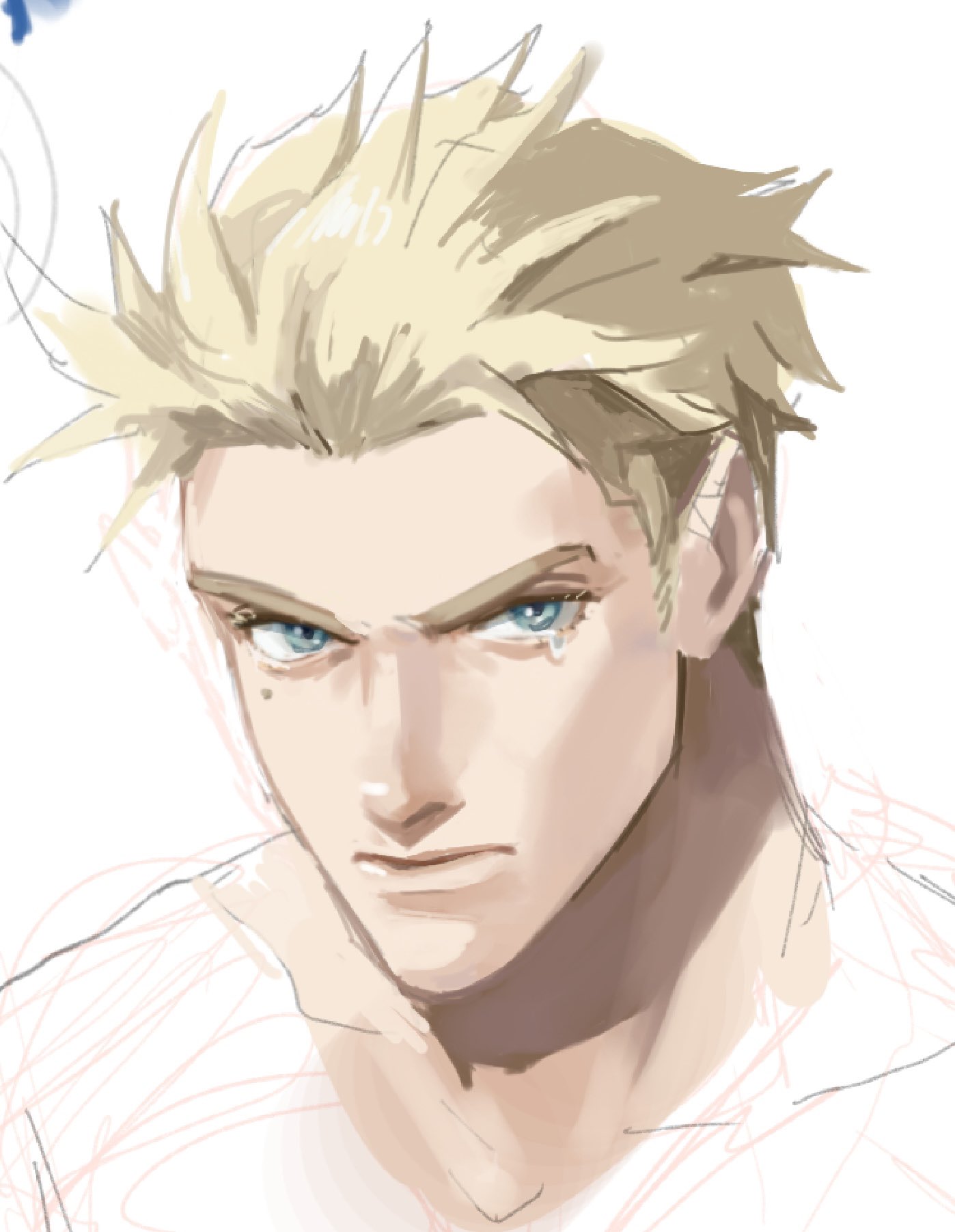 kookirani, millions knives, trigun, trigun stampede, commentary request, highres, korean commentary, unfinished, 1boy, blonde hair, blue eyes, closed mouth, male focus, mole, mole under eye, portrait, sanpaku, short hair, simple background, solo, white background