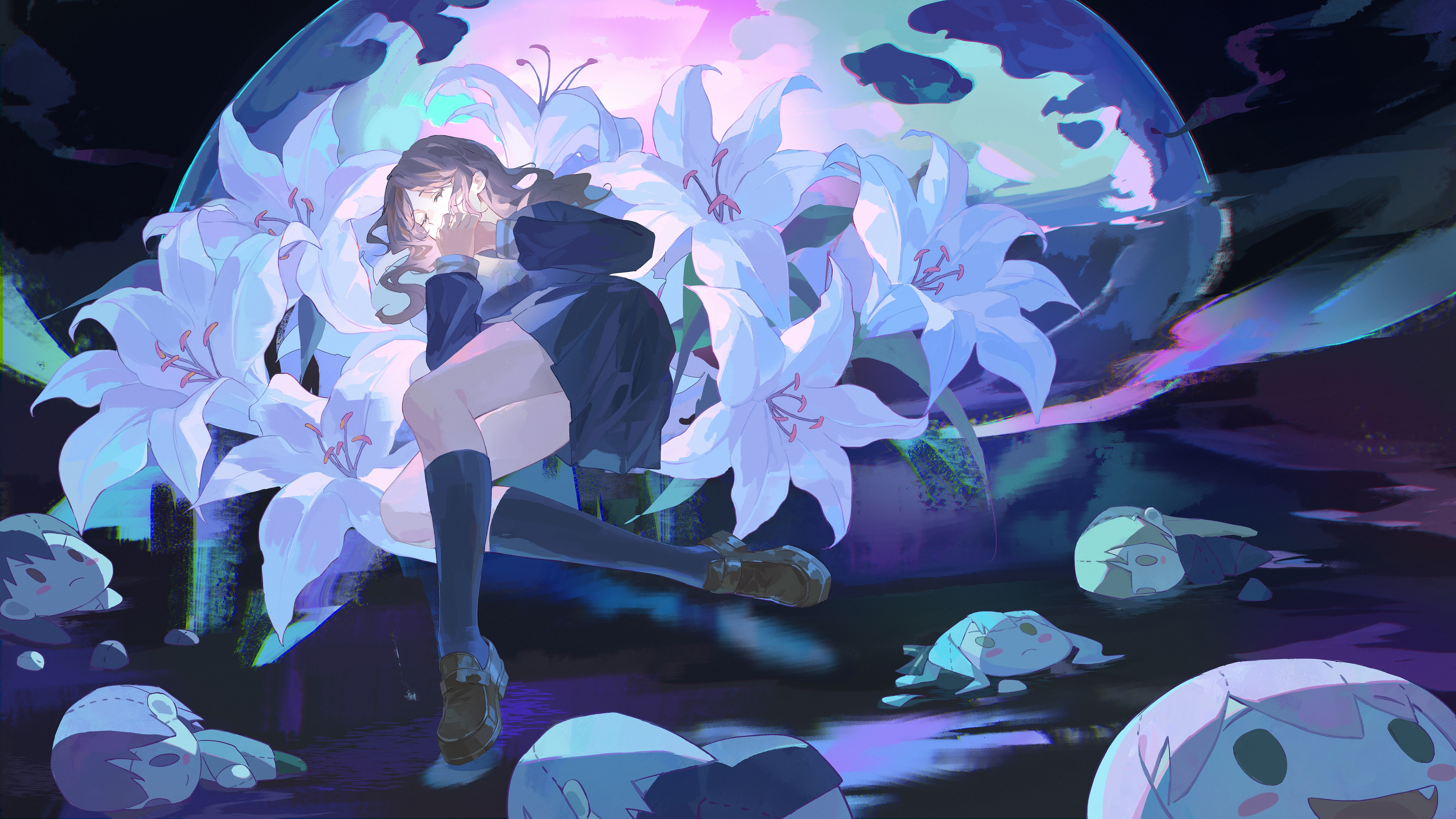 was775, chihaya anon, nagasaki soyo, shiina taki, takamatsu tomori, togawa sakiko, wakaba mutsumi, bang dream!, bang dream! it's mygo!!!!!, absurdres, chinese commentary, commentary request, flower request, highres, 1girl, blue shirt, blue skirt, blue socks, brown shoes, character doll, closed eyes, crychic (bang dream!), doll, flower, kneehighs, loafers, lying, on back, rock, shirt, shoes, sidelocks, skirt, socks