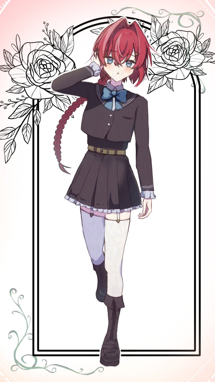ange katrina, nijisanji, commentary request, flower request, highres, variant set, 1girl, :o, alternate costume, ankle boots, arm up, belt, black boots, black border, black jacket, black sailor collar, black skirt, blue bow, blue bowtie, blue eyes, blush, boots, border, bow, bowtie, braid, brown belt, cropped jacket, crossed bangs, flower, fold-over boots, frilled skirt, frilled sleeves, frills, full body, garter straps, gradient background, hair between eyes, hair intakes, hand in own hair, hiyu kino28, inset border, jacket, long hair, long sleeves, looking at viewer, miniskirt, pink background, pleated skirt, radial gradient background, red hair, sailor collar, school uniform, skirt, solo, thighhighs, very long hair, virtual youtuber, walking, white background, white thighhighs, zettai ryouiki