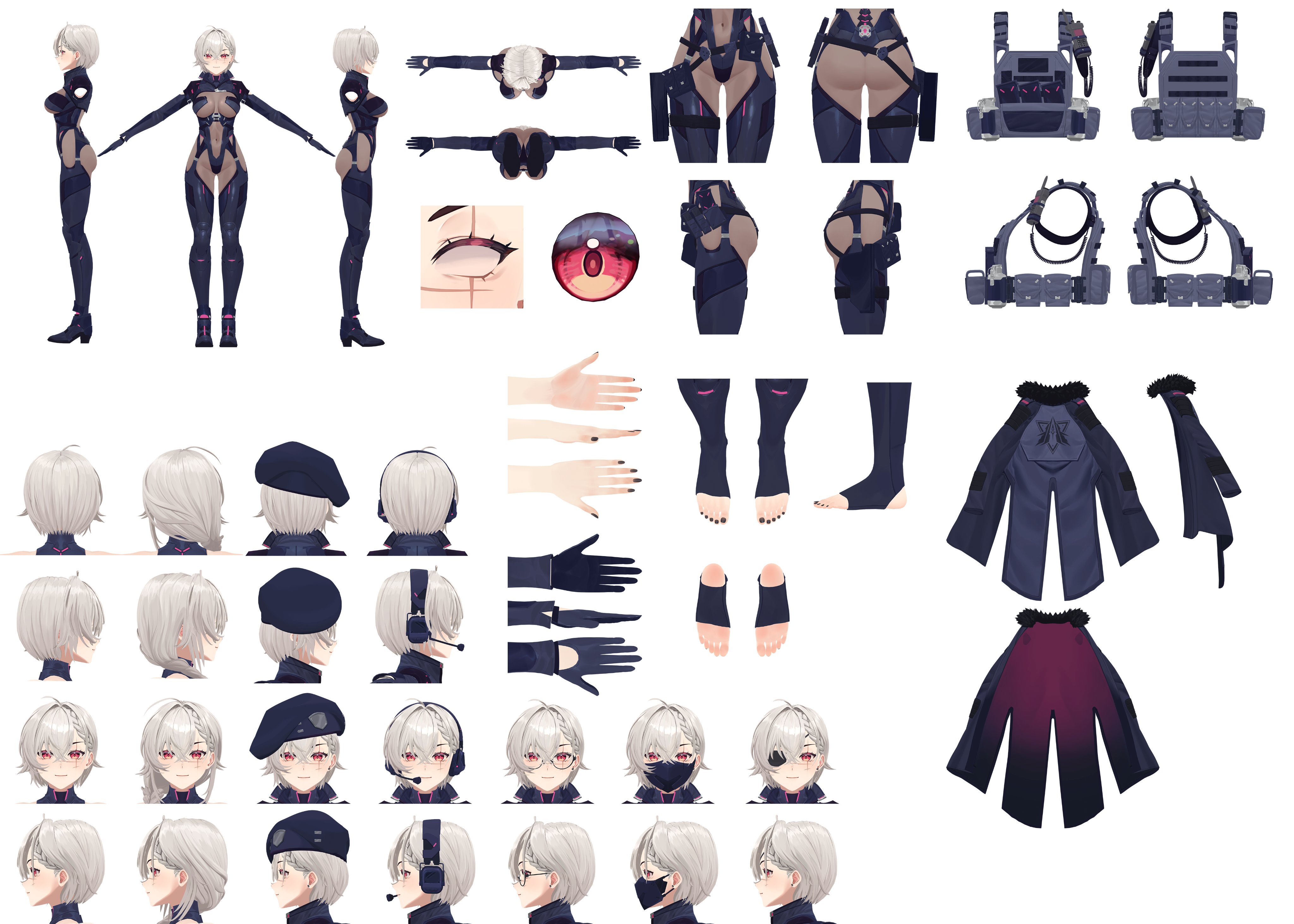saruei, saruei (vtuber), indie virtual youtuber, absurdres, commentary, english commentary, highres, 1girl, ahoge, beret, black nails, braid, covered erect nipples, eyepatch, glasses, gloves, grey hair, hat, headphones, high heels, holster, mask, multiple views, red eyes, reference sheet, scar, scar across eye, scar on face, short hair, shrug (clothing), simple background, toeless legwear, virtual youtuber, white background