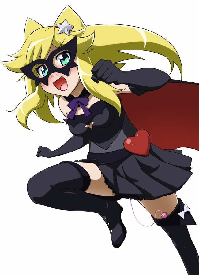 youkan, hatori kanon, anyamal tantei kirumin zoo, 1girl, blonde hair, blush, breasts, cape, cleavage cutout, clothing cutout, discreet vibrator, elbow gloves, fang, female focus, gloves, gothic lolita, green eyes, hairband, heart, leg lift, lolita fashion, long hair, mask, open mouth, ribbon, sex toy, solo, thighhighs, vibrator, vibrator in thighhighs